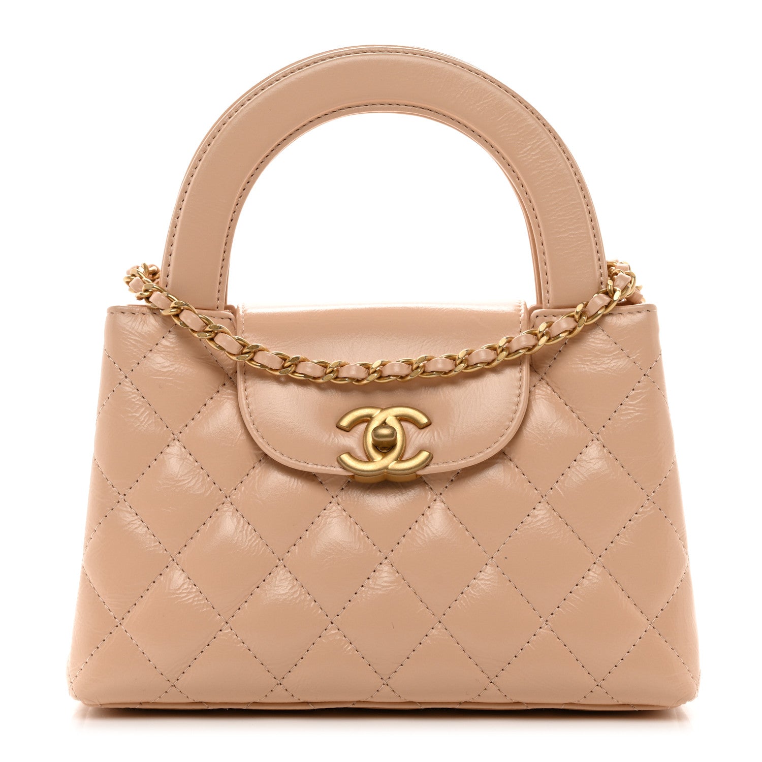 Chanel Shiny Aged Calfskin Quilted Nano Kelly Shopper Beige