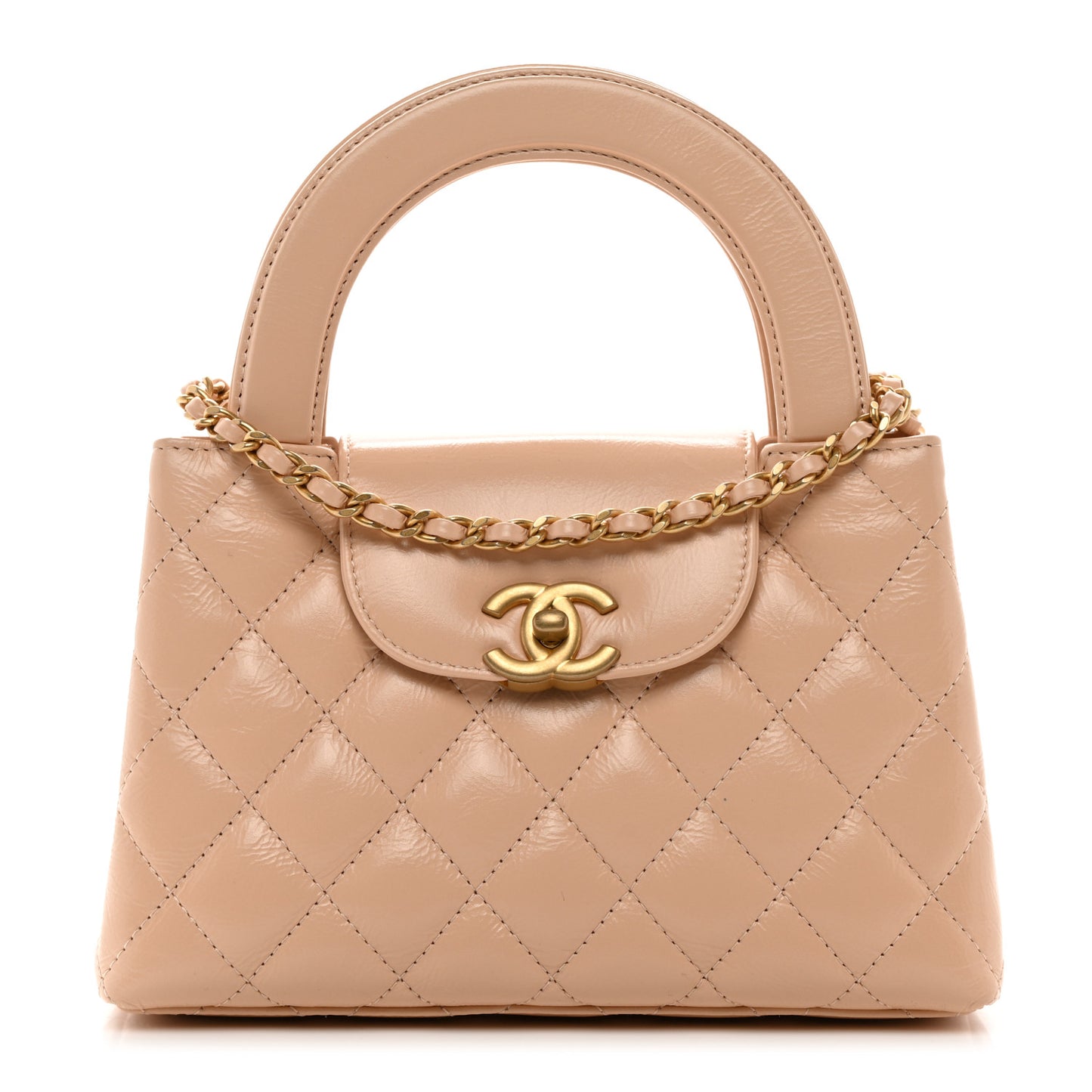 Shiny Aged Calfskin Quilted Nano Kelly Shopper Beige