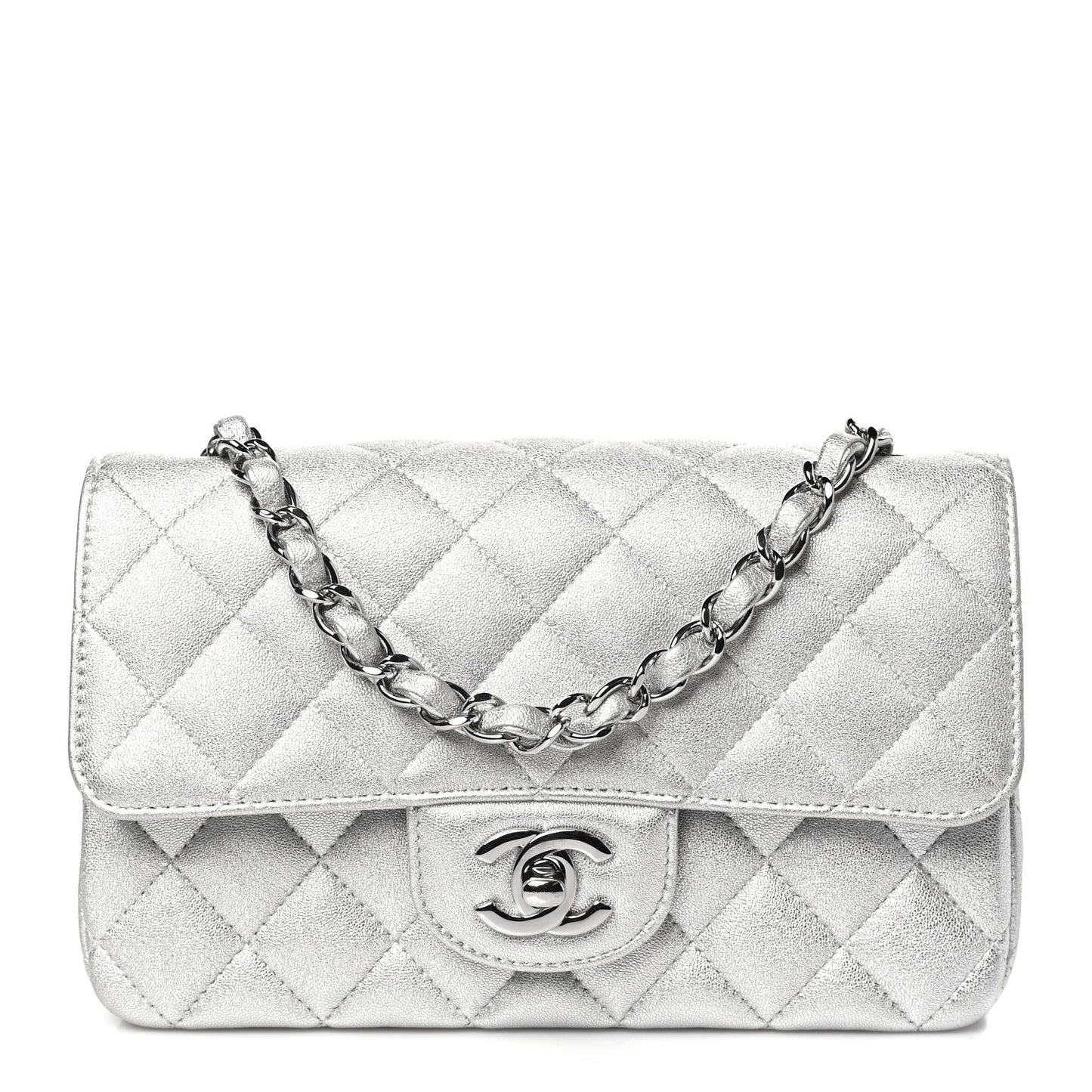 Metallic Lambskin Quilted Mini Rectangular Flap Silver