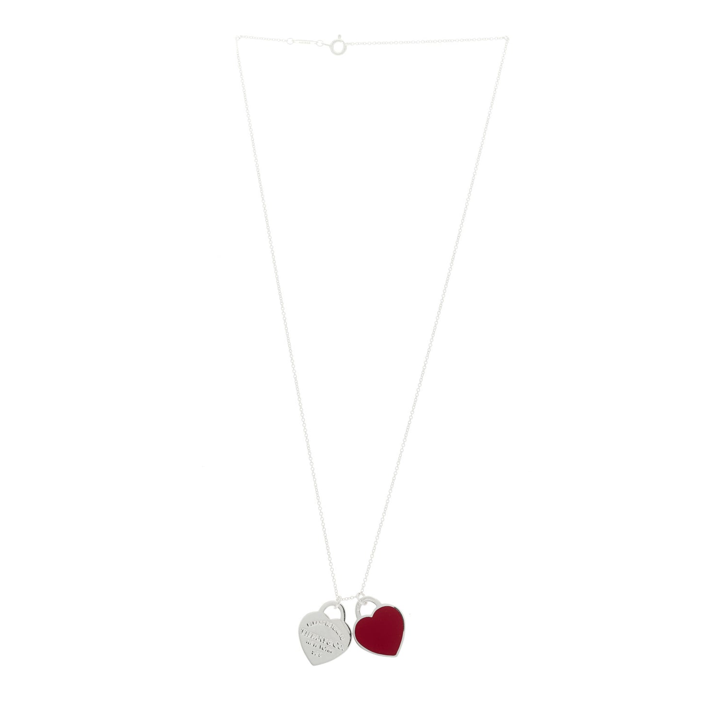 Sterling Silver Enamel Return to Tiffany Double Heart Tag Pendant Necklace Red