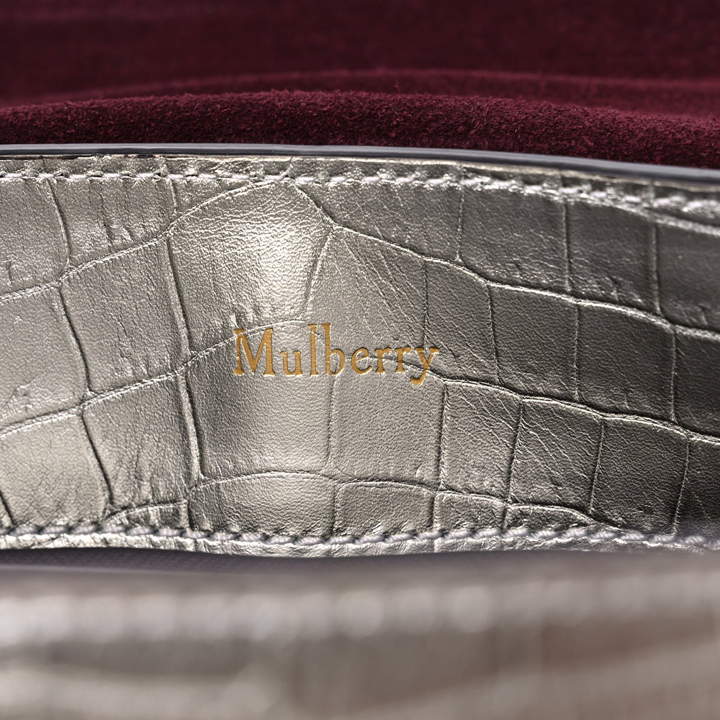 Metallic Calfskin Crocodile Embossed Mini Seaton Silver