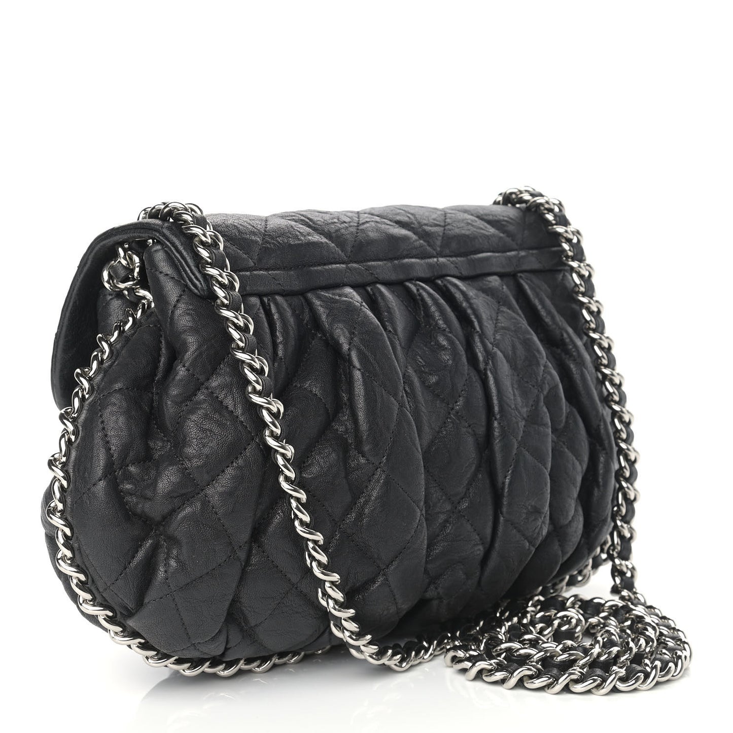 Washed Lambskin Quilted Medium Chain Around Messenger Black