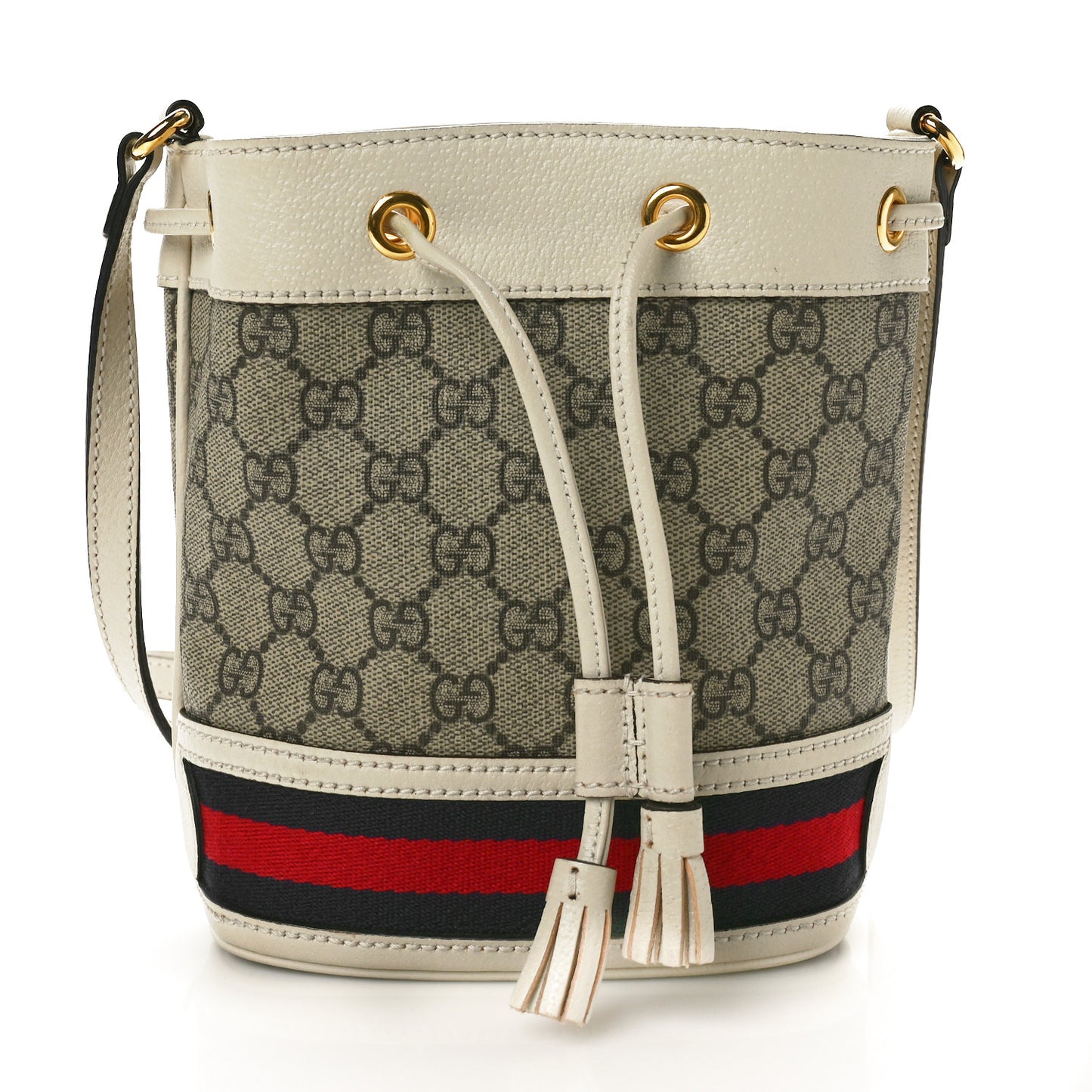 GG Supreme Monogram Textured Calfskin Web Mini Ophidia Bucket Bag Beige Ebony Mystic White