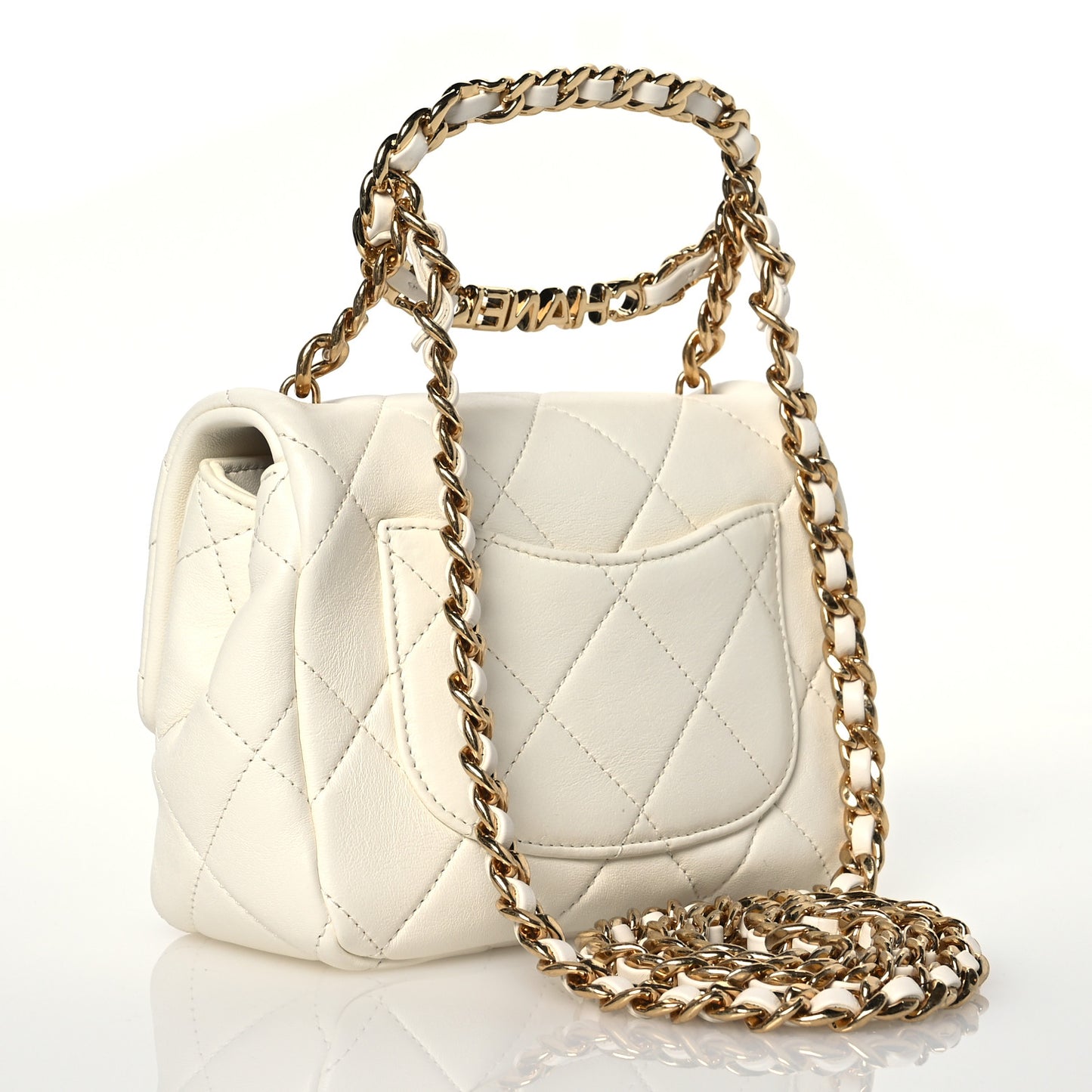 Lambskin Metal Quilted Mini Top Handle Square Flap White