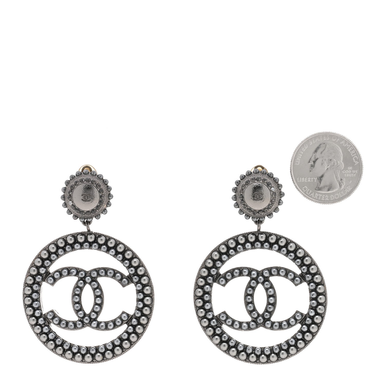 Chanel Ruthenium Beaded CC Drop Clip On Earrings Dark Grey 2 of 4