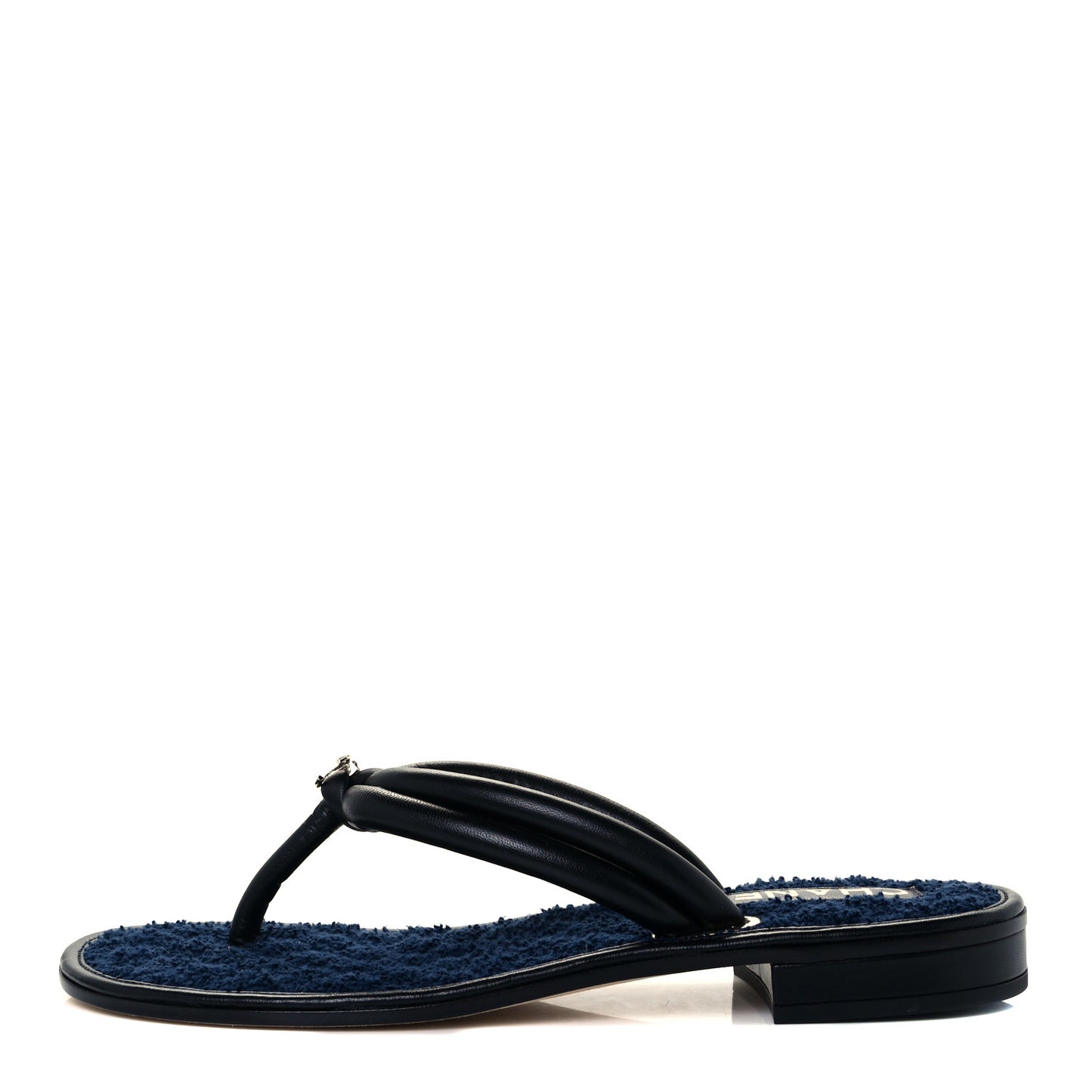 Lambskin Fabric CC Thong Sandals 36.5 Black Dark Navy