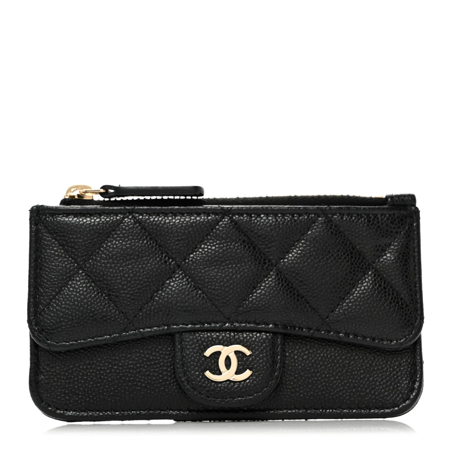 Caviar Quilted Flap Zip Card Holder Black