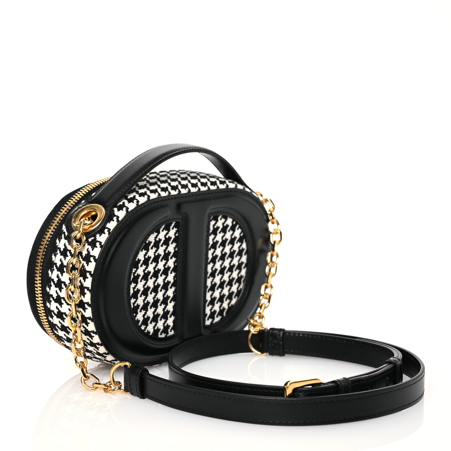 Calfskin Canvas Houndstooth Embroidered CD Signature Oval Crossbody Camera Bag Black White