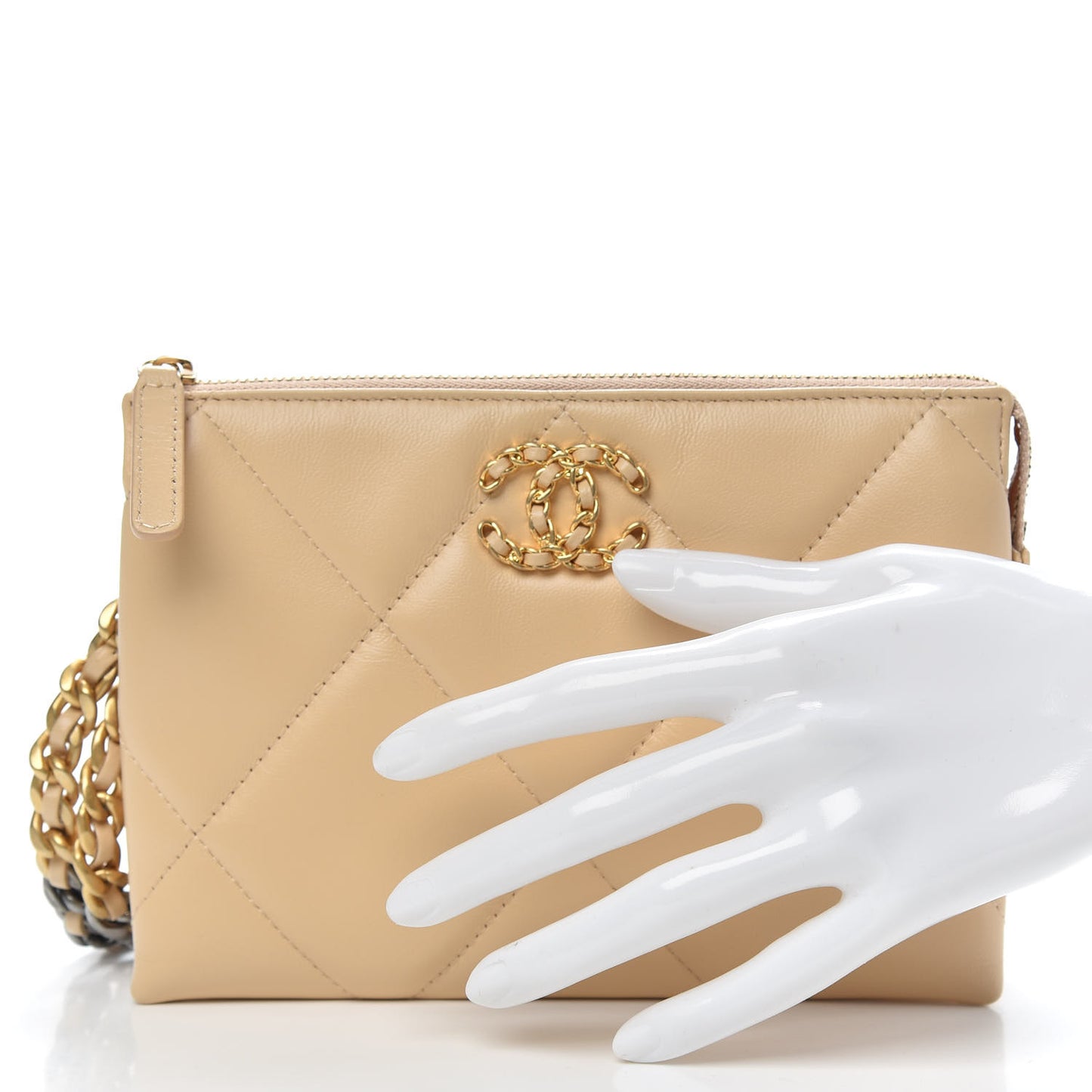 Shiny Goatskin Quilted Chanel 19 Small Pouch With Handle Beige