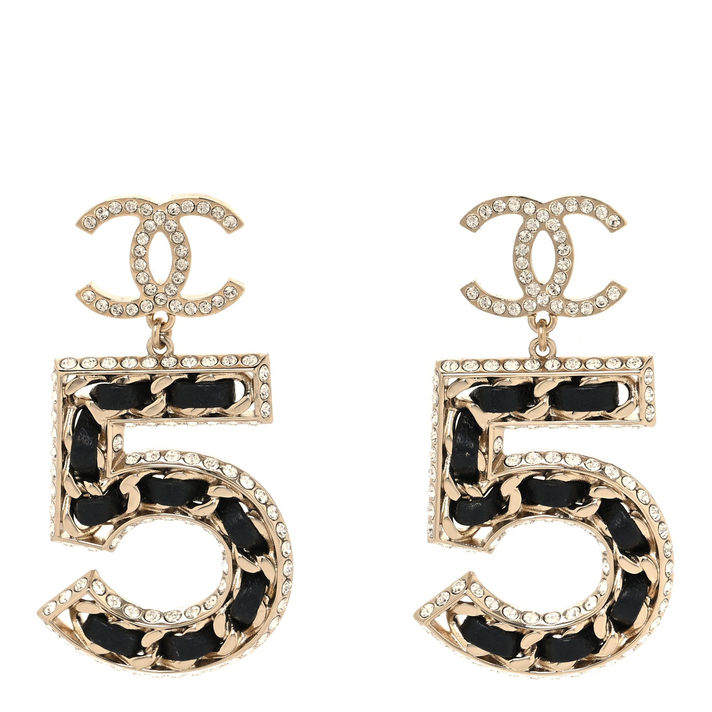 Crystal Lambskin Chain CC No 5 Drop Earrings Gold Black