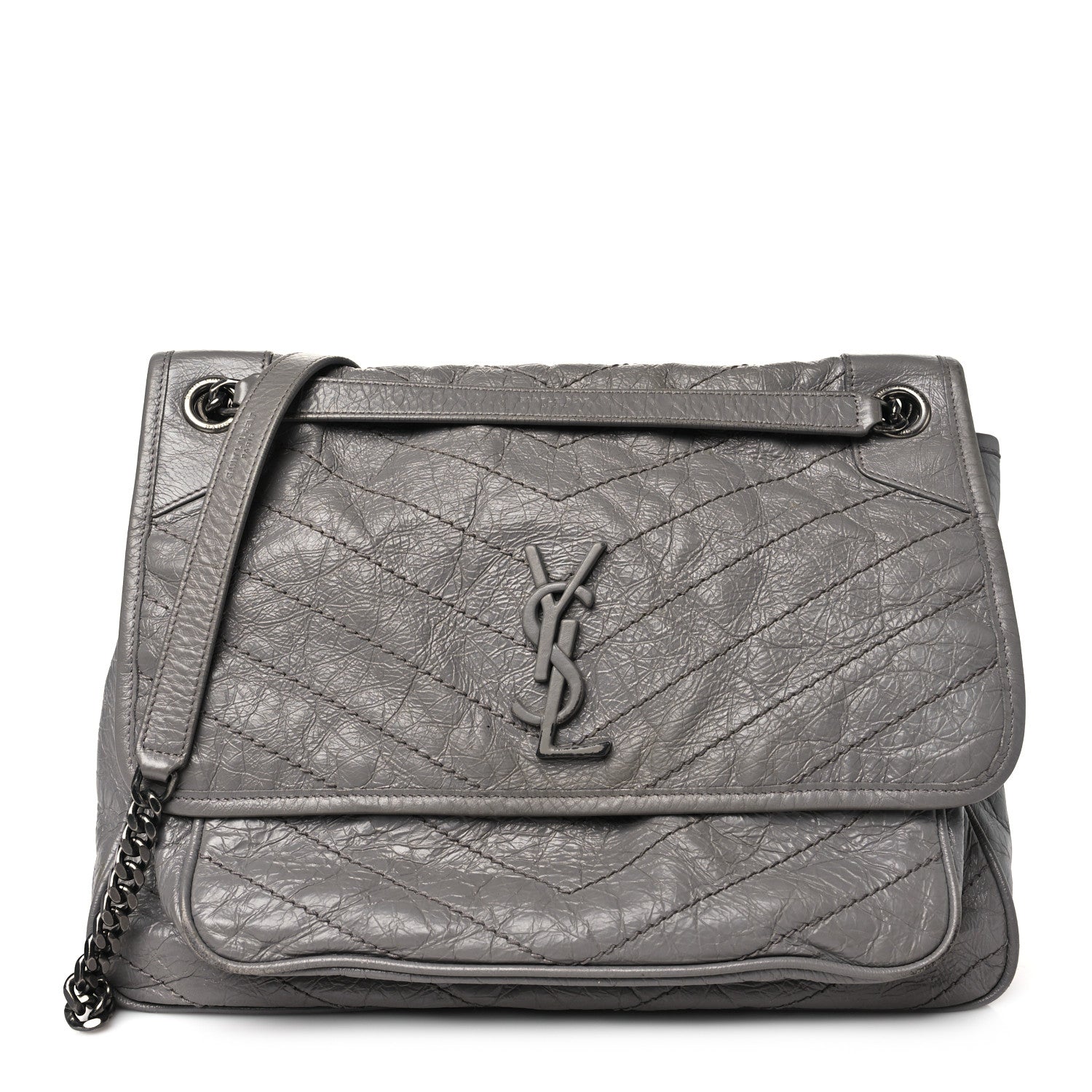 Saint Laurent Crinkled Calfskin Matelasse Monogram Large Niki Chain Satchel Fog 1 of 13