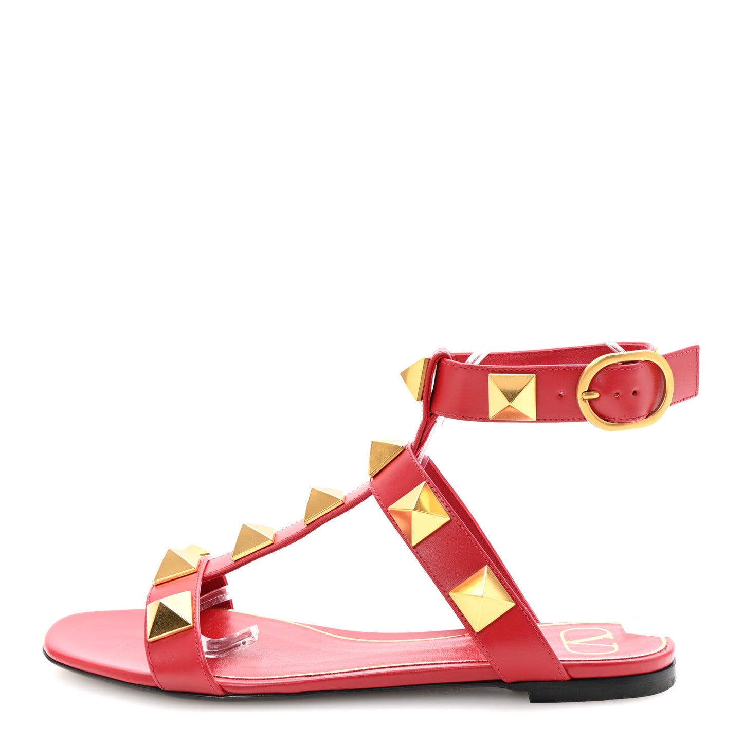 Calfskin Roman Stud Ankle Strap Flat Sandals 38.5 Rosso Valentino