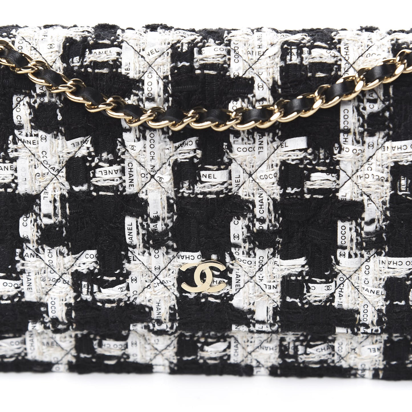 Tweed Quilted Wallet On Chain WOC Black Ecru White