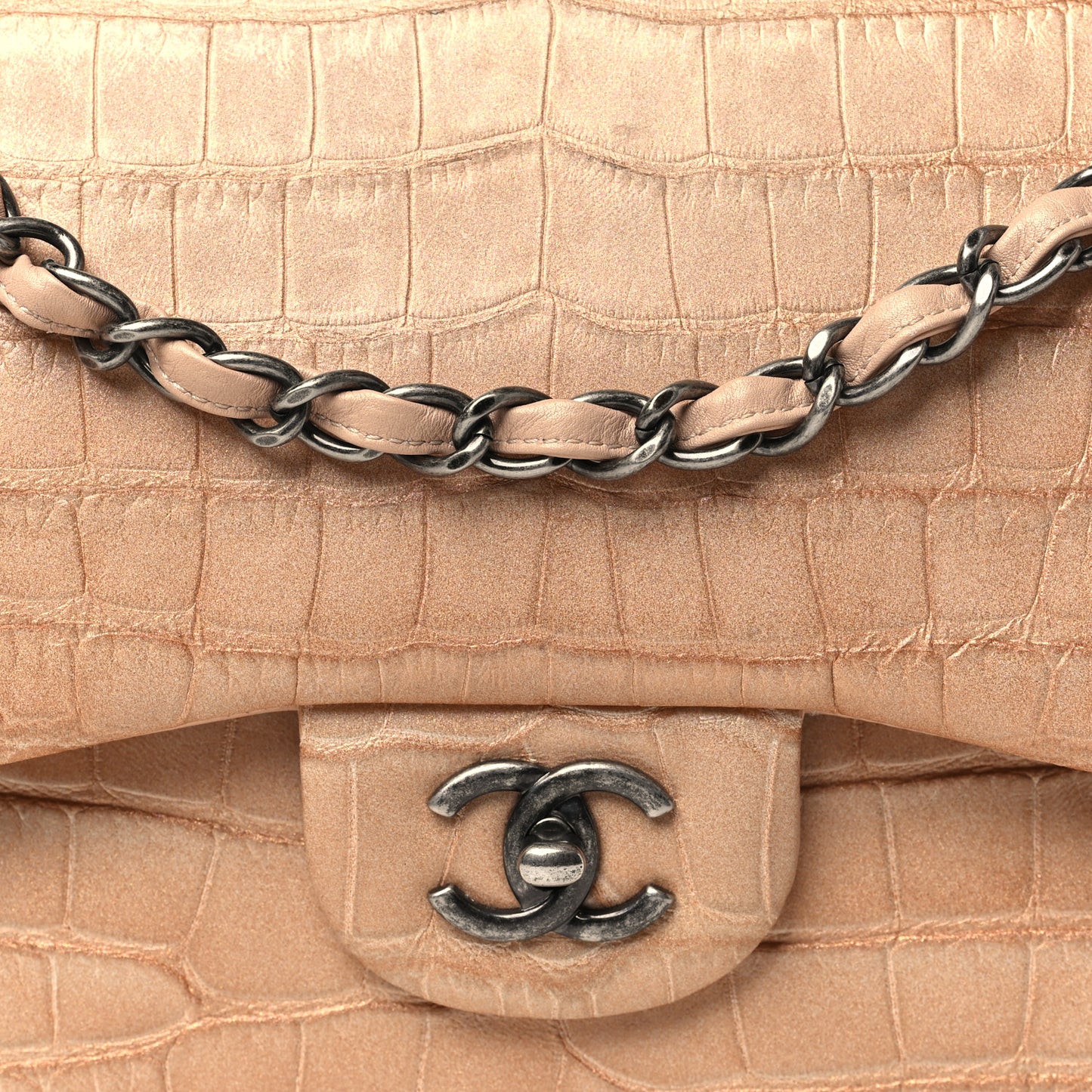Iridescent Alligator Jumbo Double Flap Beige