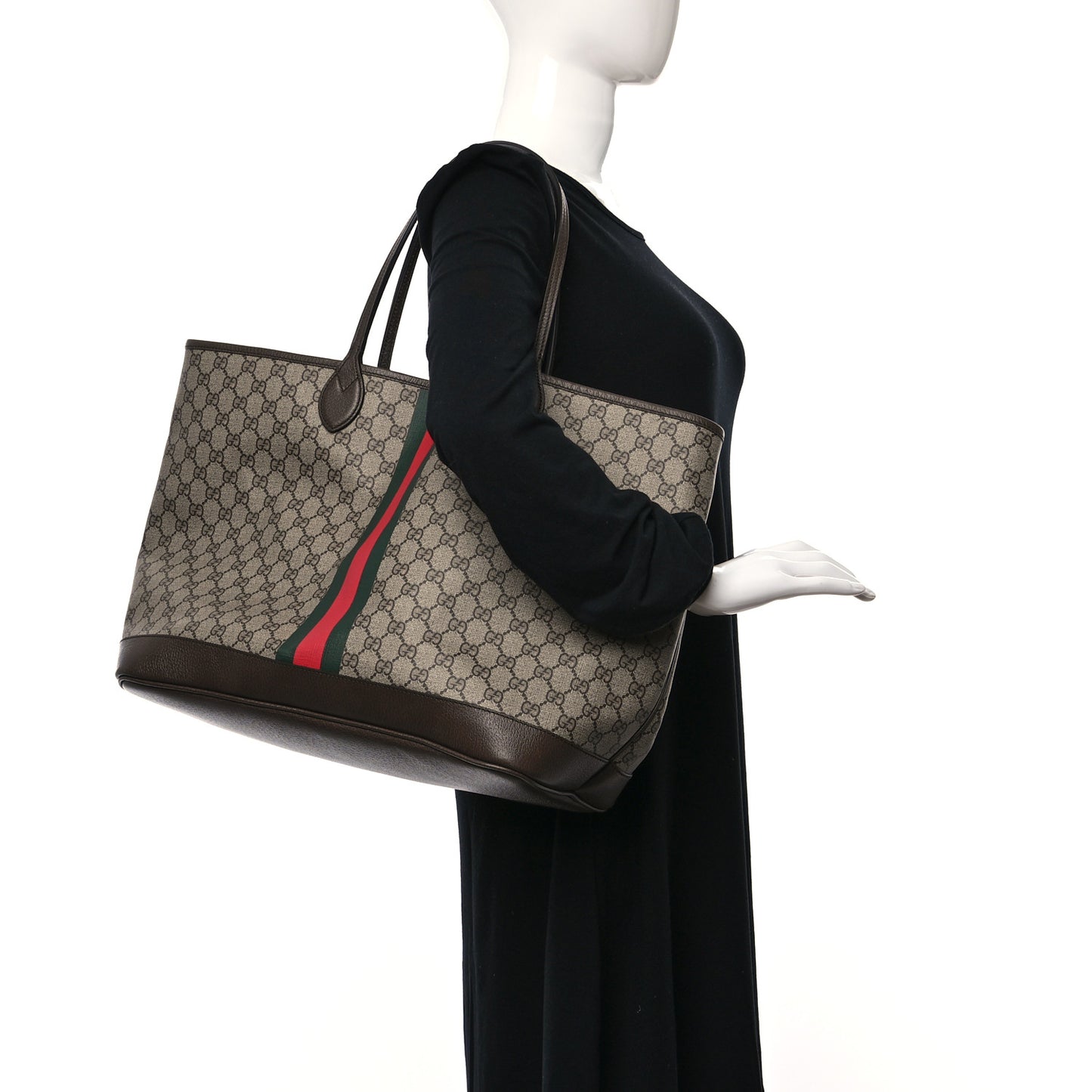 GG Supreme Monogram Textured Dollar Calfskin Web Large Ophidia Tote Beige Ebony New Acero