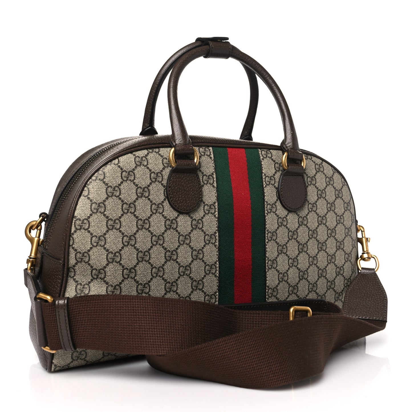 GG Supreme Monogram Textured Dollar Calfskin Web Medium Ophidia Top Handle Duffle Bag Beige Ebony New Acero