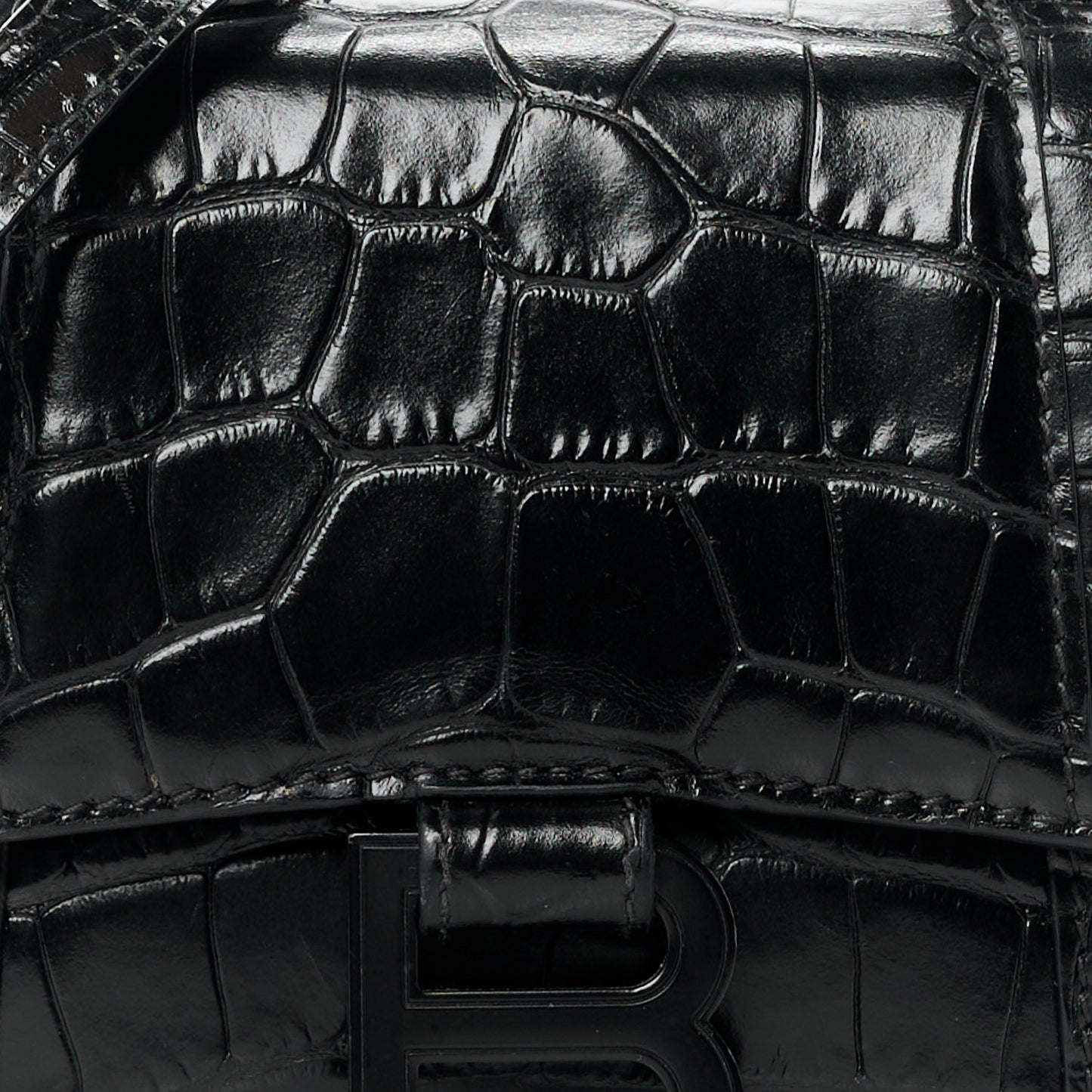 Shiny Calfskin Monochrome Crocodile Embossed Hourglass Top Handle Bag XS Black