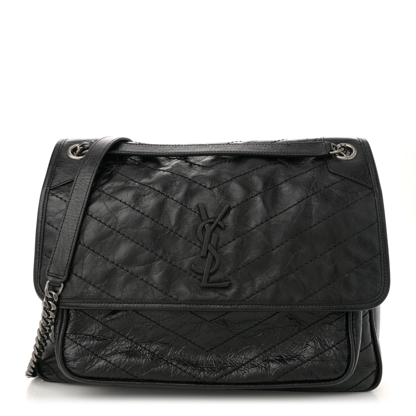 Crinkled Calfskin Matelasse Monogram Large Niki Chain Satchel Black