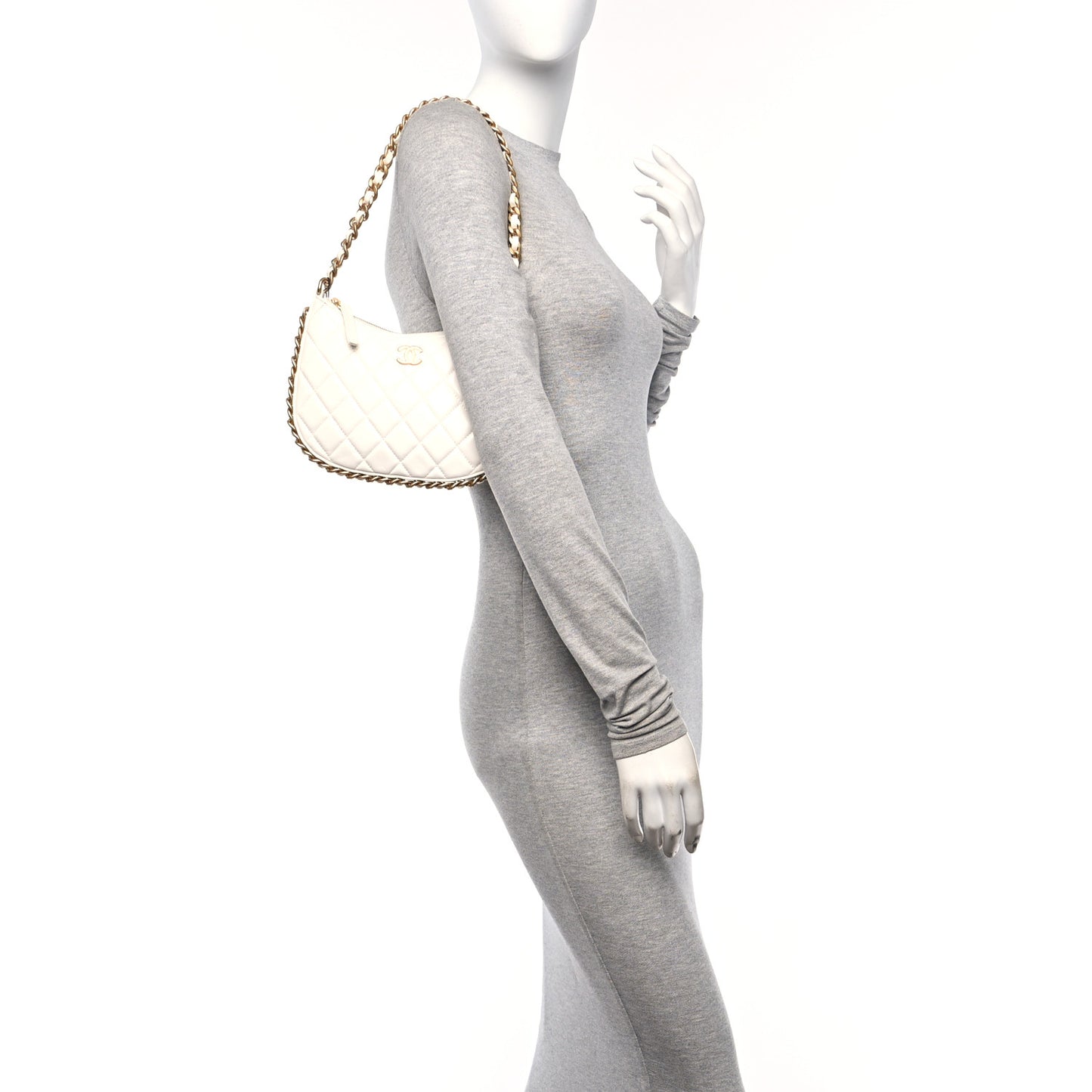 Shiny Crumpled Lambskin Quilted Chain Around Hobo White