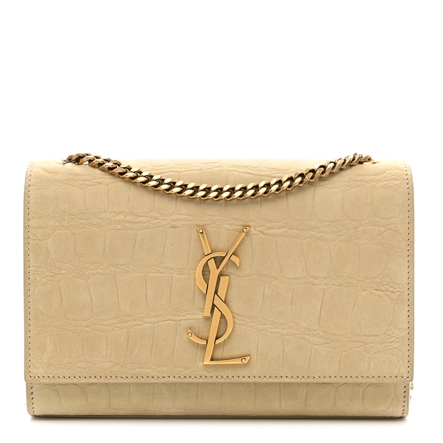 Crocodile Embossed Nubuck Small Monogram Kate Satchel Nougat Beige