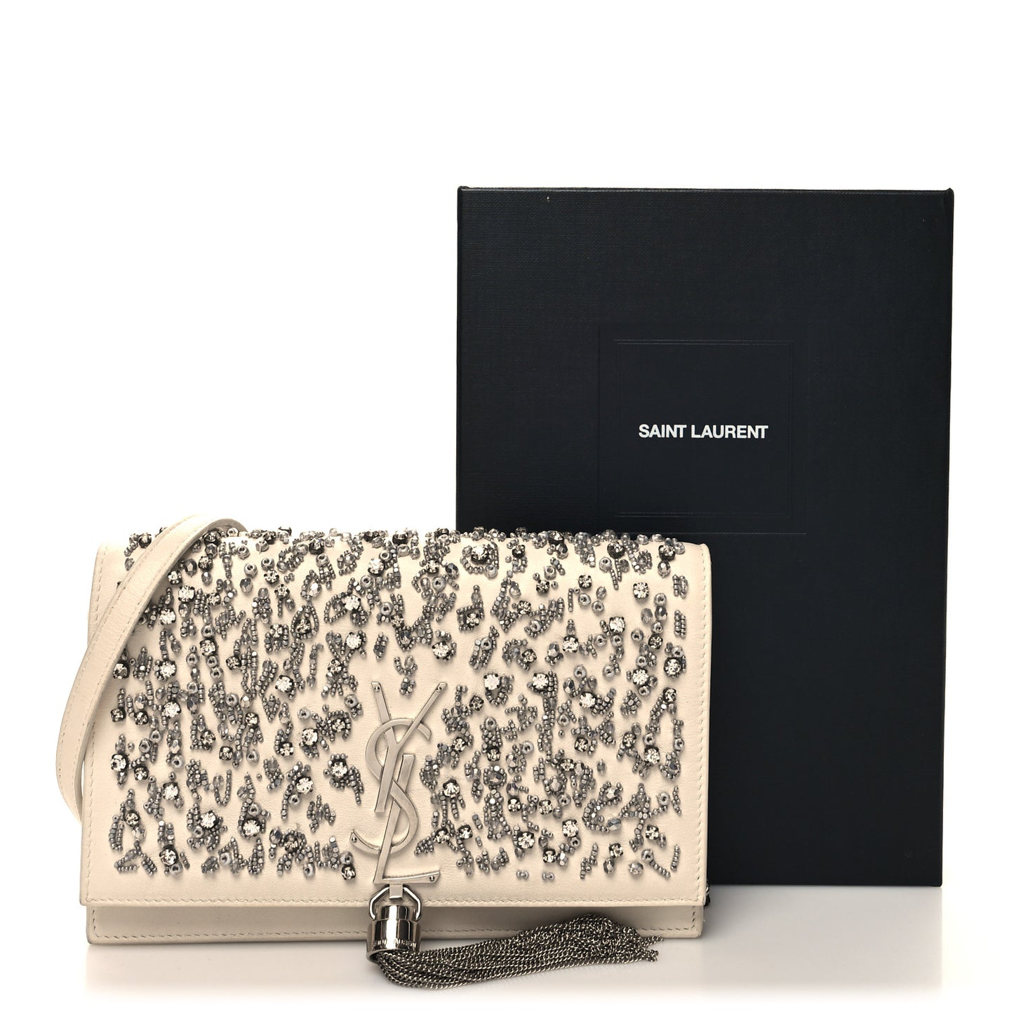 Calfskin Bead Embellished Kate Monogram Tassel Chain Wallet White