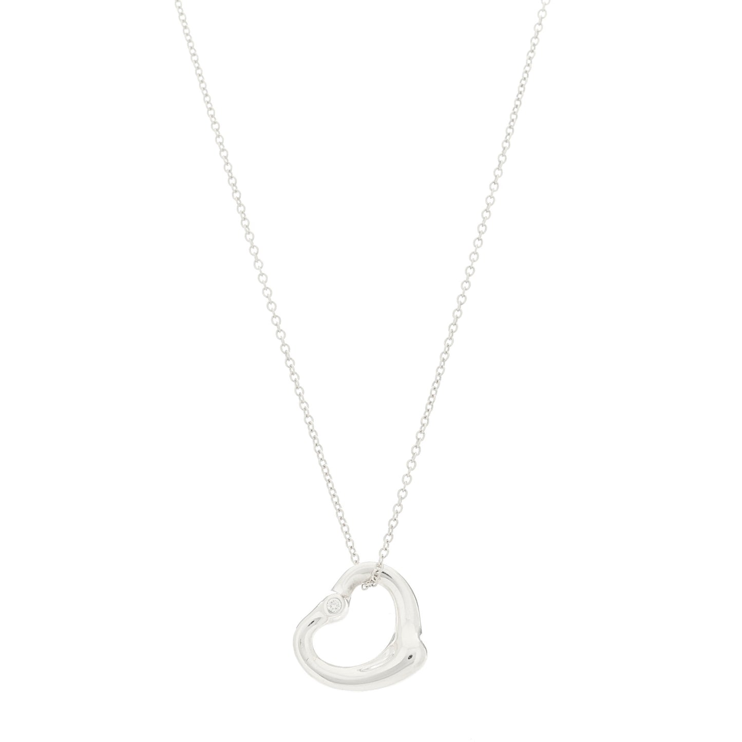 Sterling Silver Diamond 16mm Elsa Peretti Open Heart Pendant Necklace