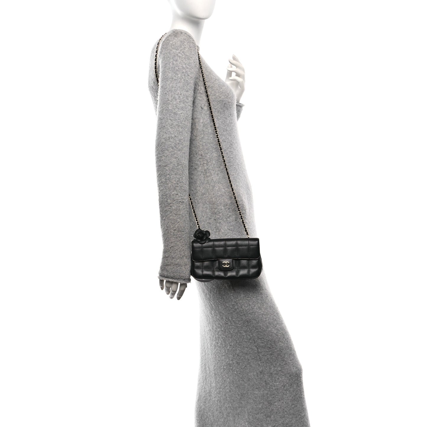 Lambskin Quilted Mini Chocolate Bar Camellia Flap Black