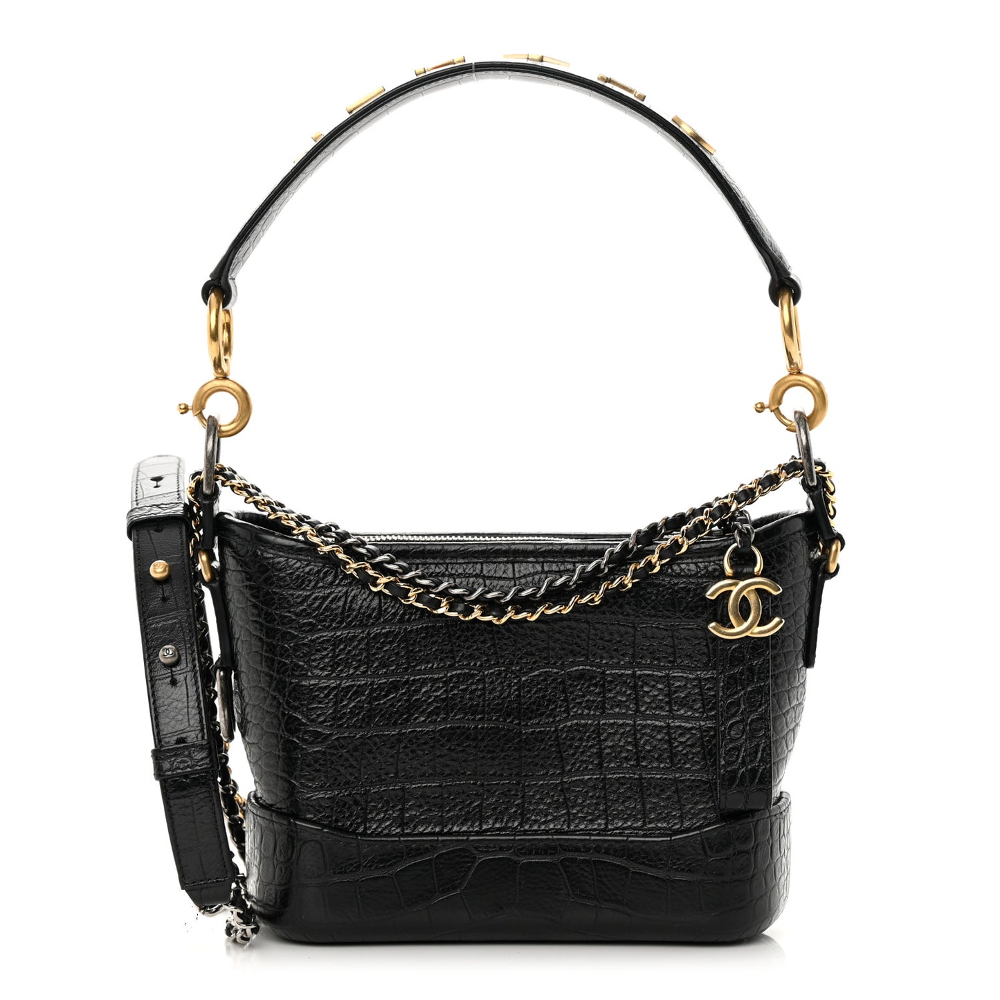 Calfskin Crocodile Embossed Small Gabrielle Cocodile Hobo Black