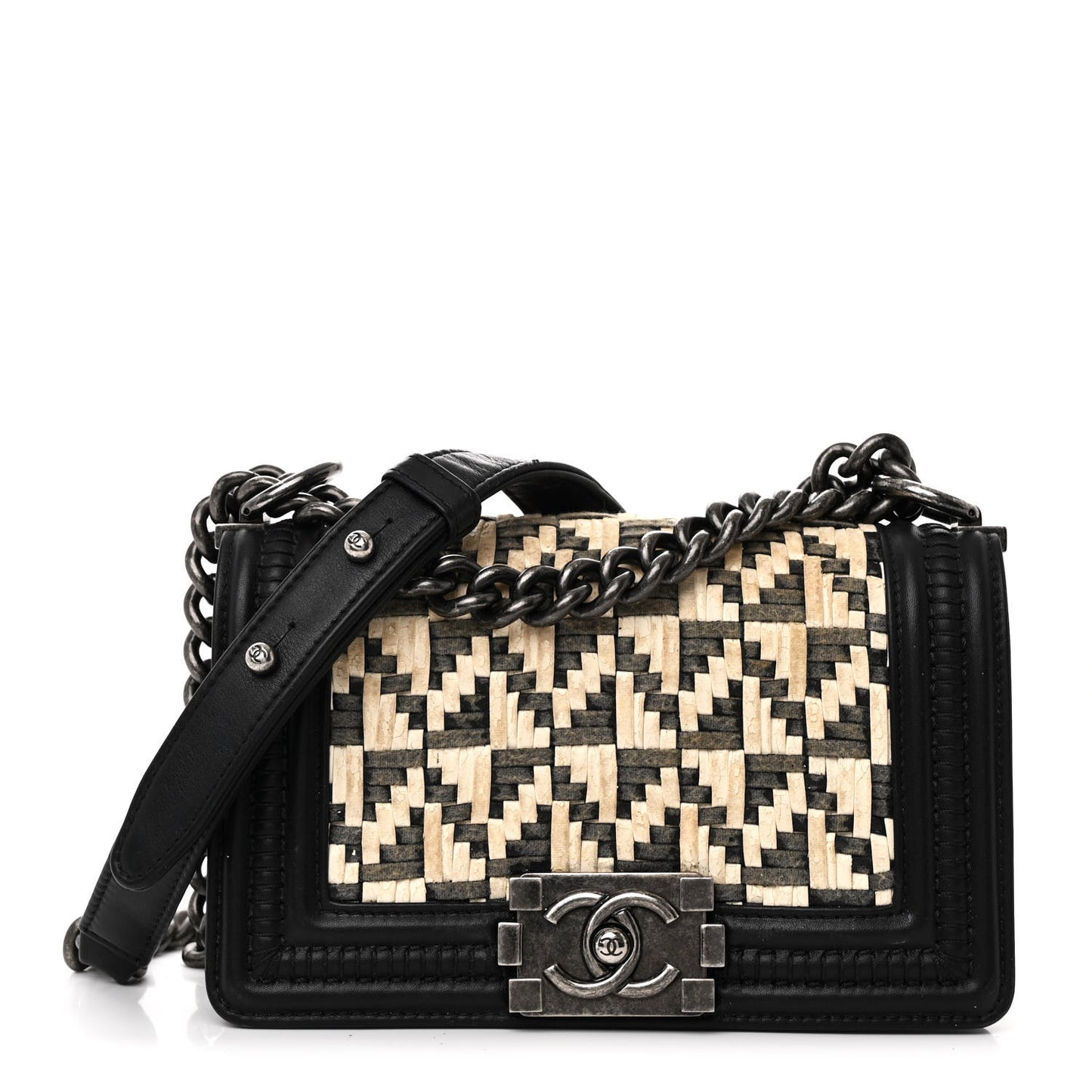 Calfskin Woven Small Boy Flap Black White