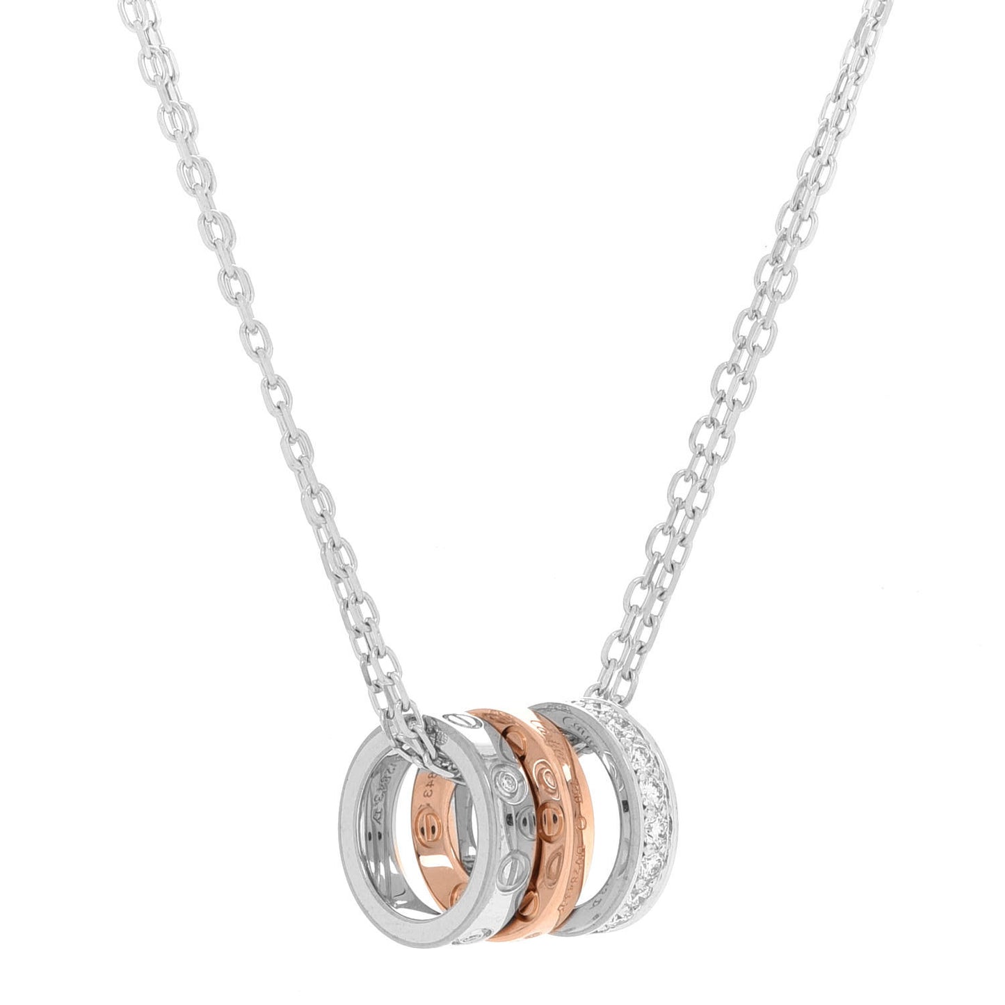 18K White Pink Gold Diamond .29ctw Three Ring LOVE Pendant Necklace