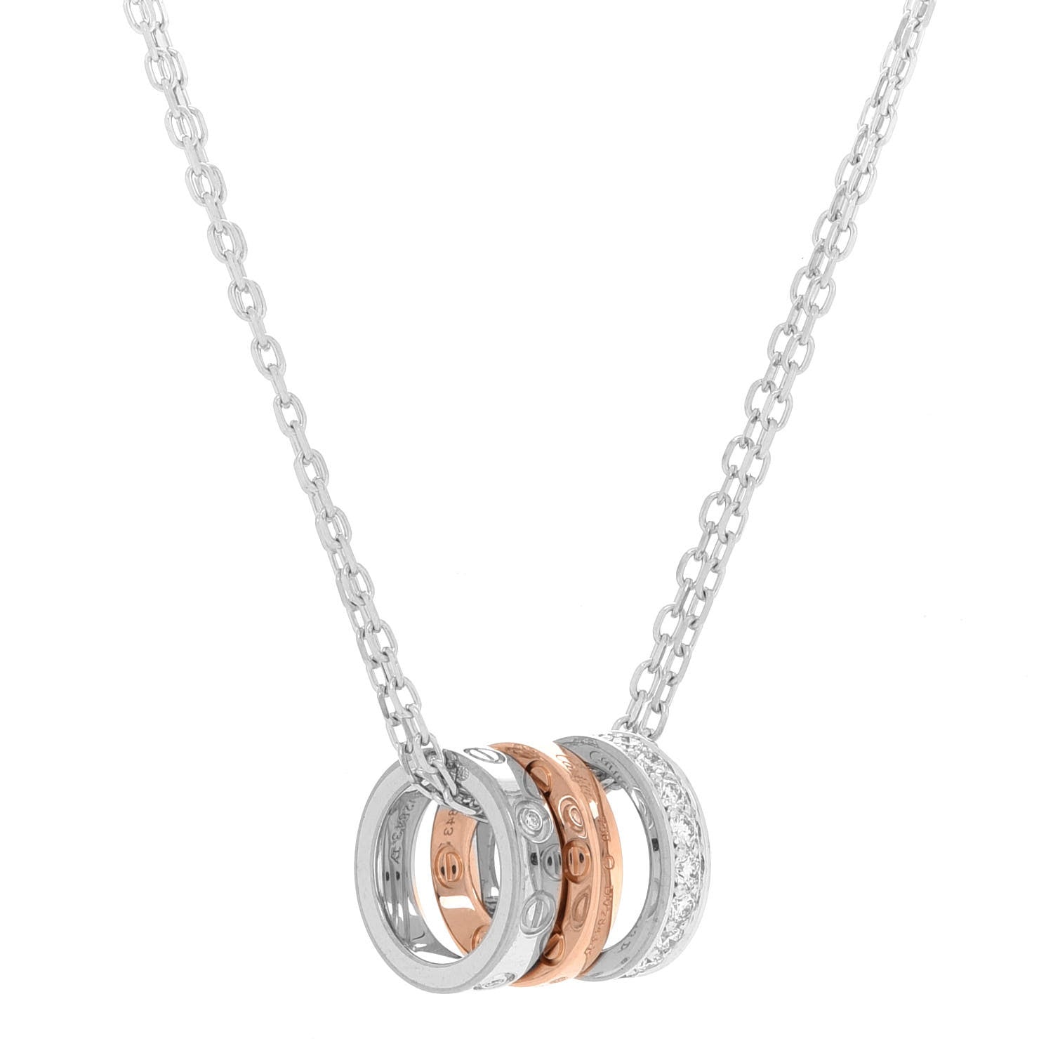Cartier 18K White Pink Gold Diamond .29ctw Three Ring LOVE Pendant Necklace 4 of 9