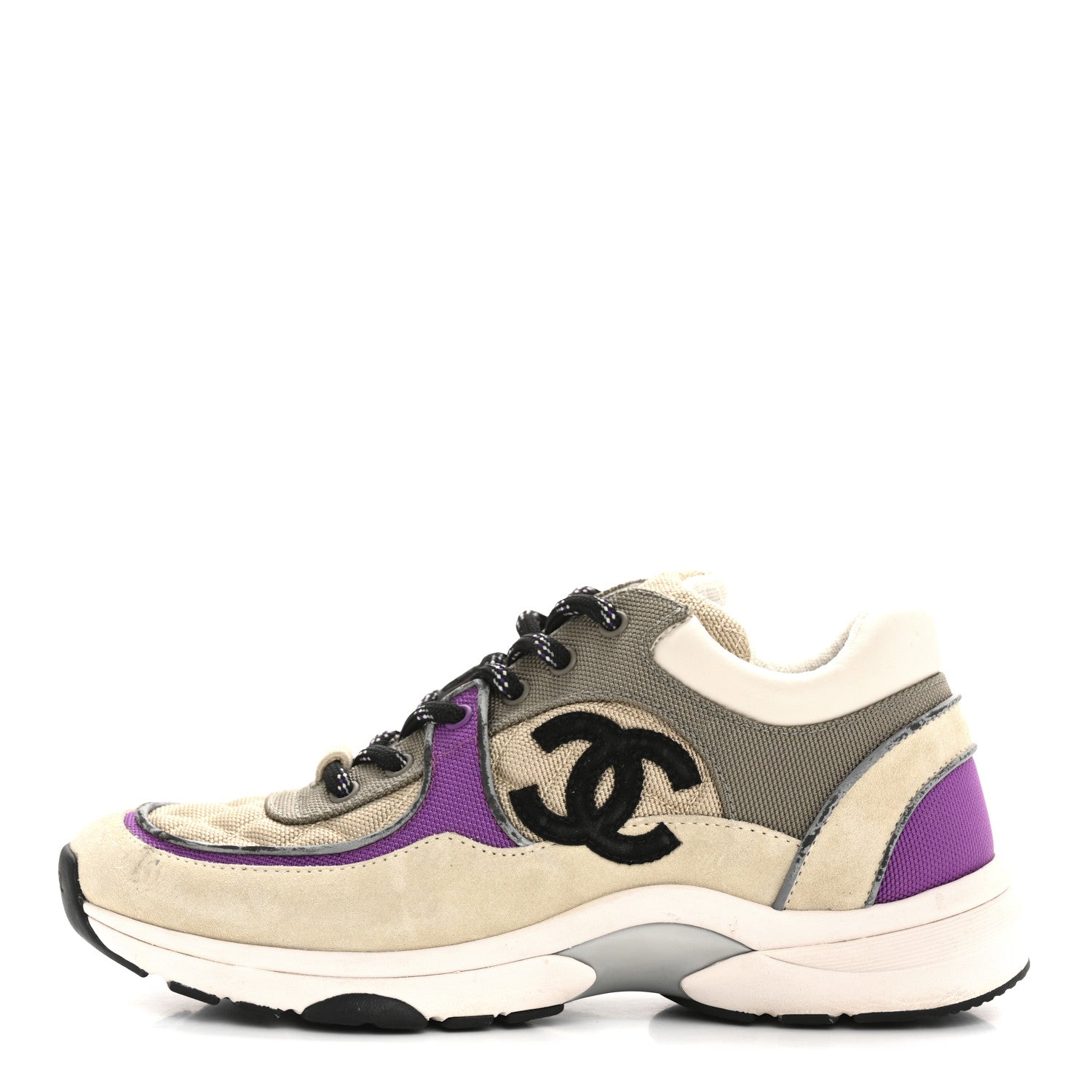 Chanel Fabric Suede Calfskin Womens CC Sneakers 38.5 Beige Dark