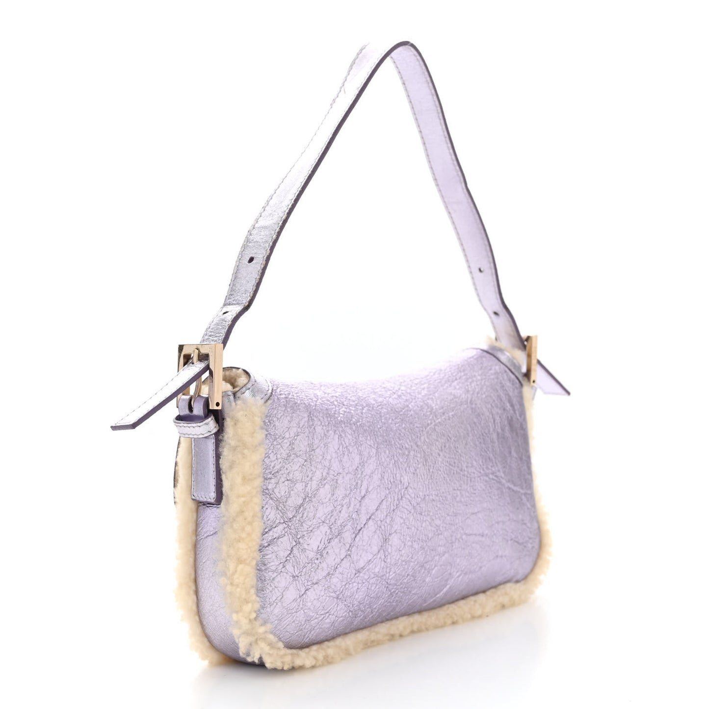 Metallic Laminated Lambskin Shearling Baguette Lilac Natural