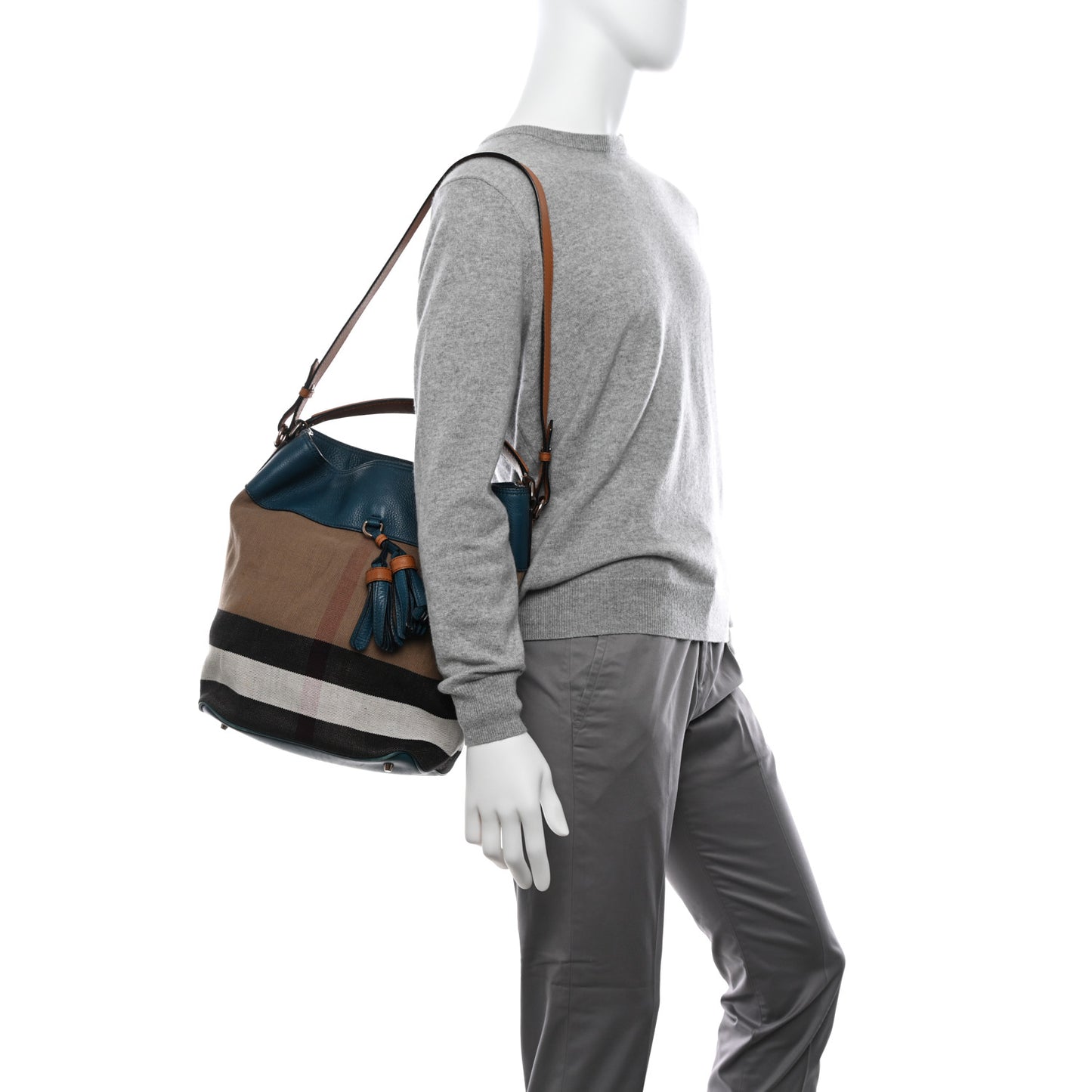 Grainy Calfskin Canvas Mega Check Medium Ashby Tassel Hobo Blue