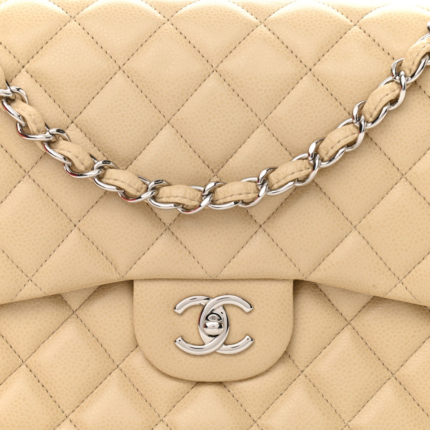 Caviar Quilted Jumbo Double Flap Light Beige