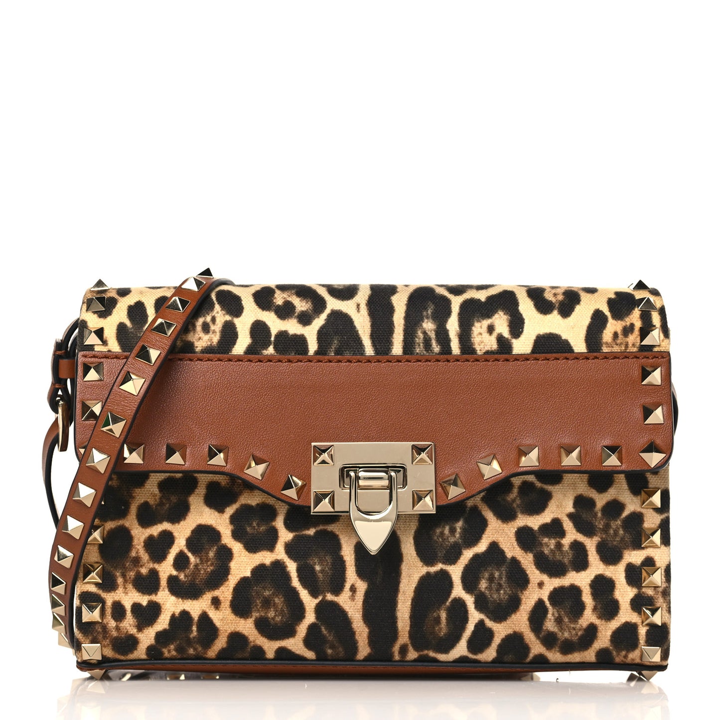 Calfskin Canvas Leopard Print Medium Rockstud Flip Lock Crossbody Bag Tan