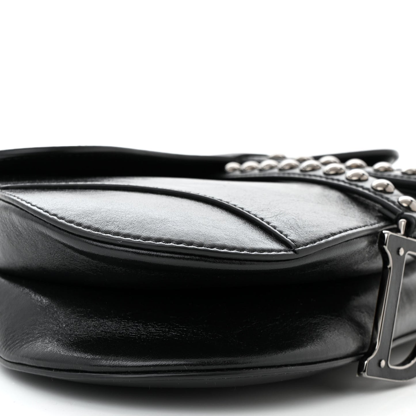Crinkled Patent Lambskin Studded Saddle Bag With Strap Black