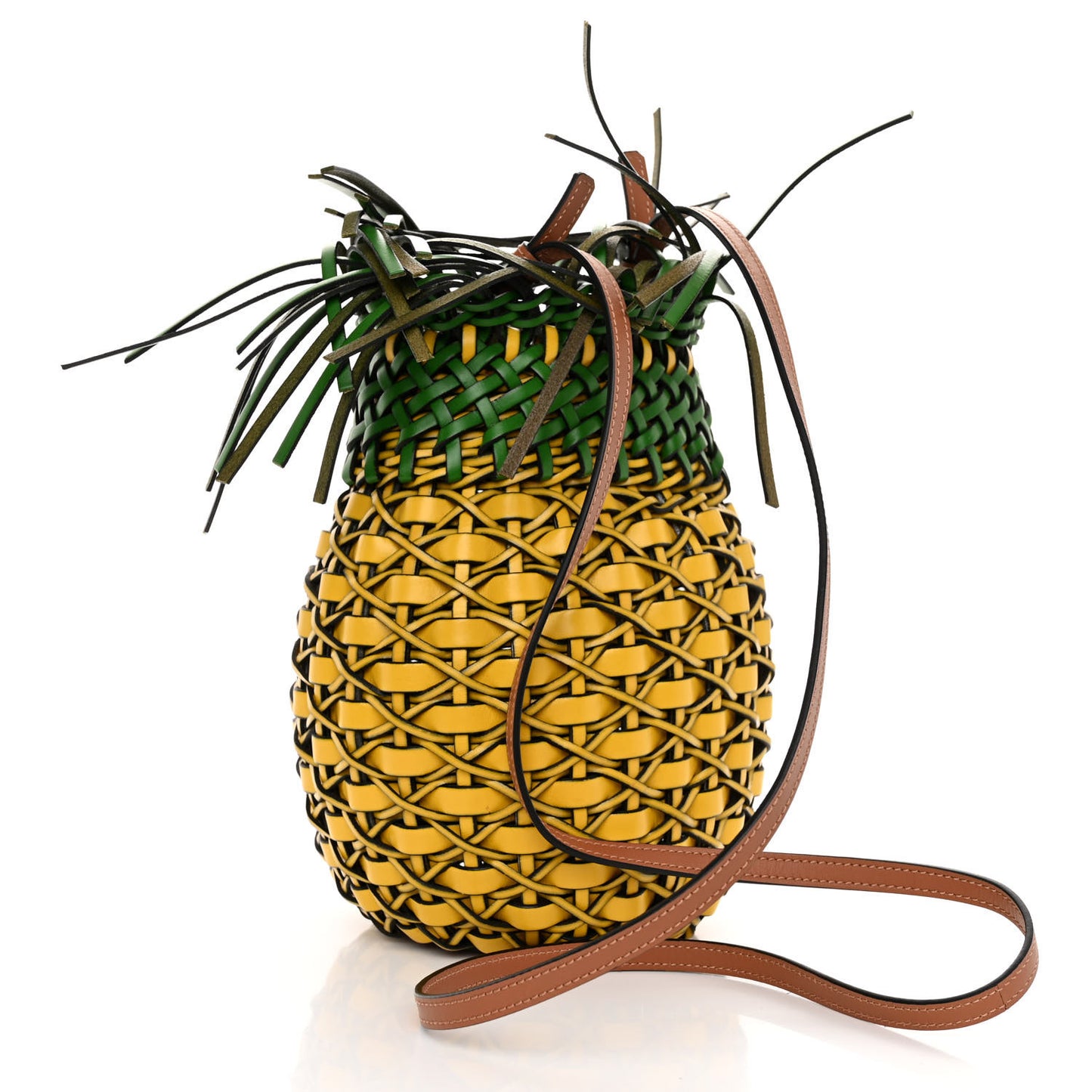 Calfskin Fringe Woven Pineapple Bucket Bag Yellow Green