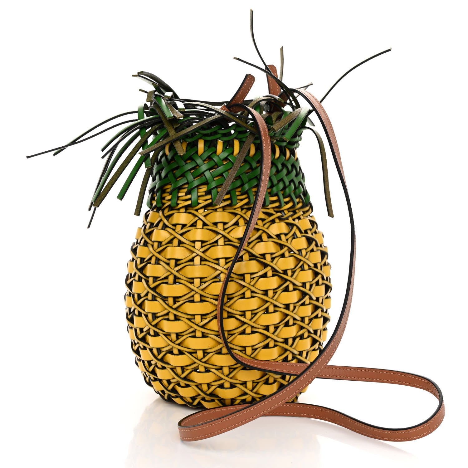 Loewe Calfskin Fringe Woven Pineapple Bucket Bag Yellow Green 3 of 8