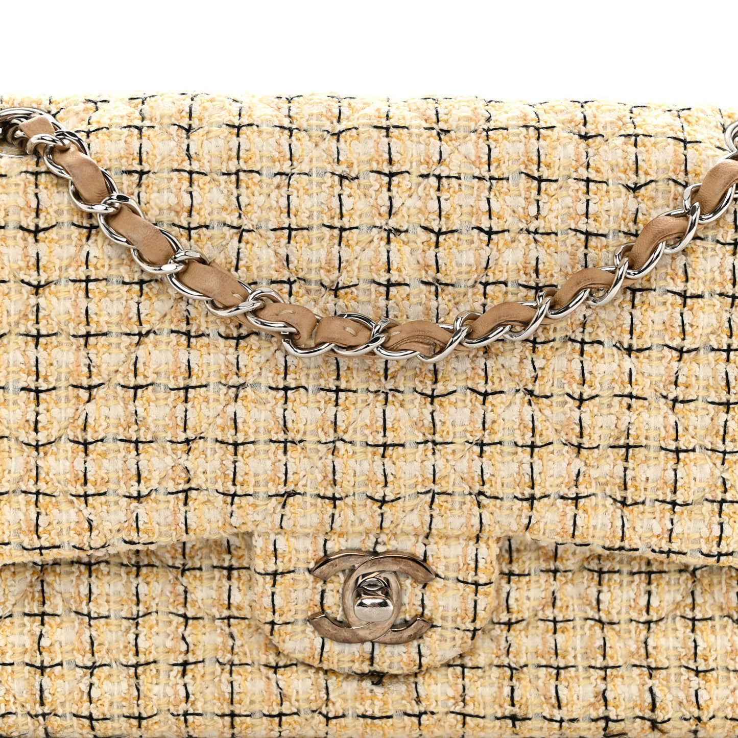 Tweed Quilted Medium Double Flap Beige Multicolor