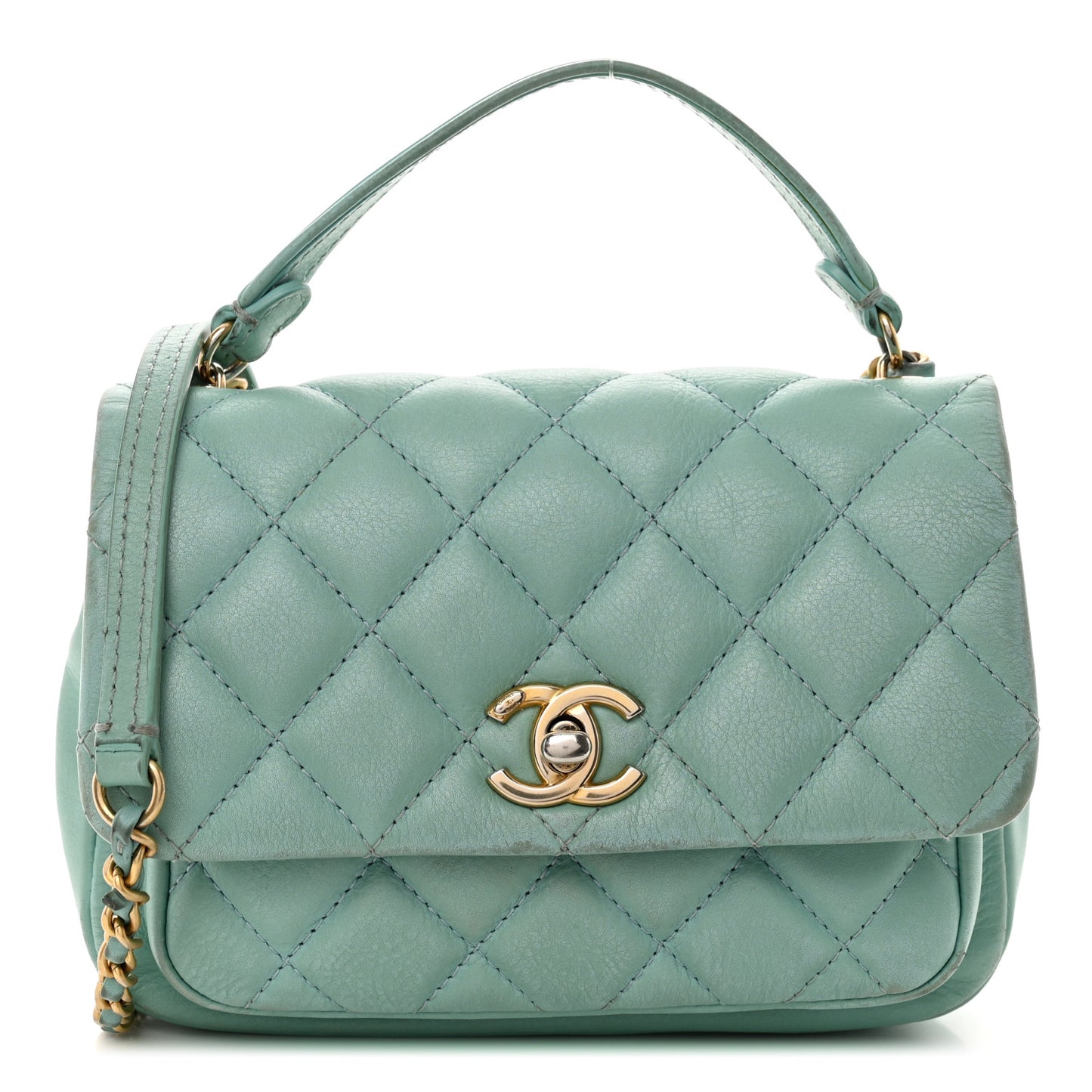 Calfskin Quilted Top Handle Flap Light Blue