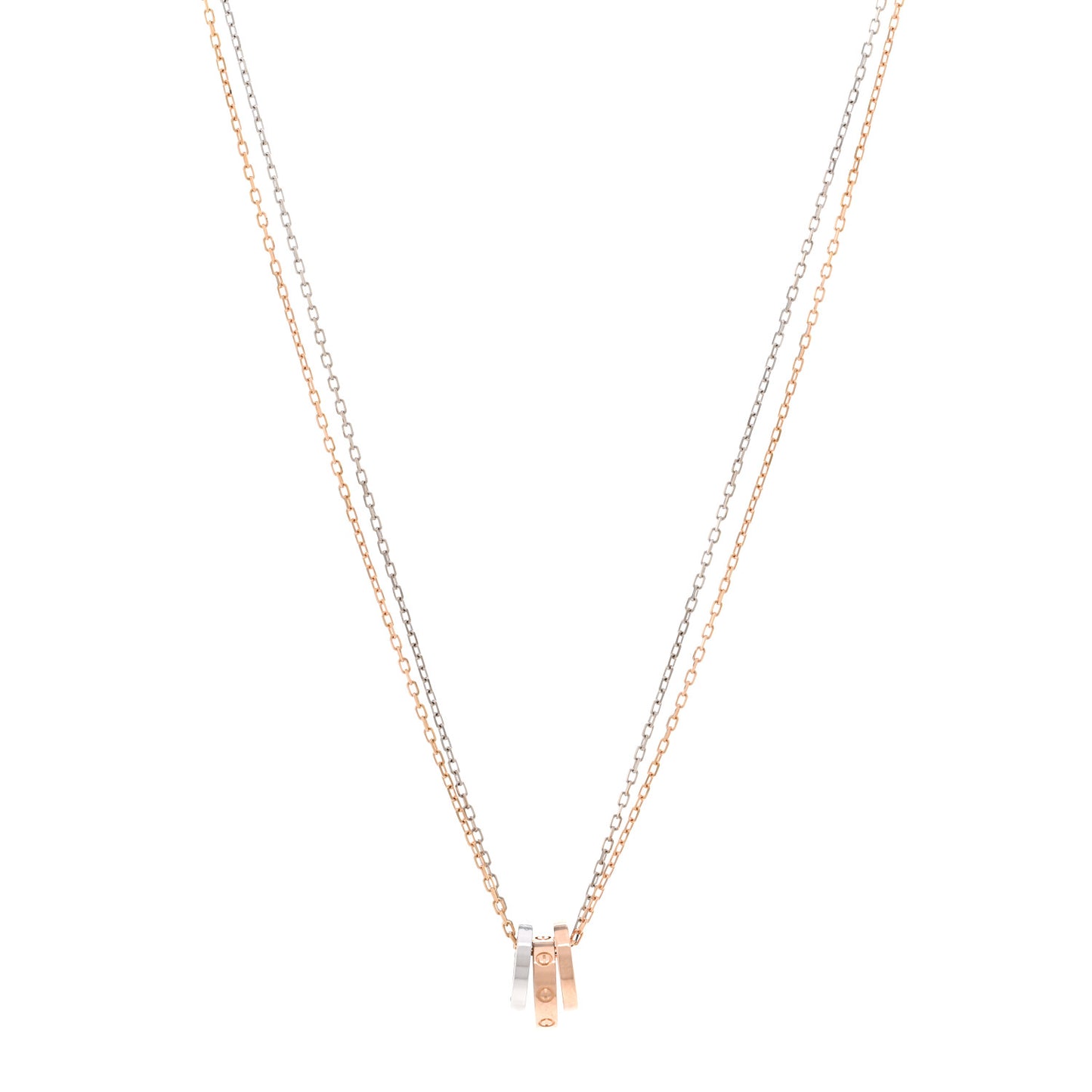 18K White Pink Gold Diamond Three Ring LOVE Pendant Necklace