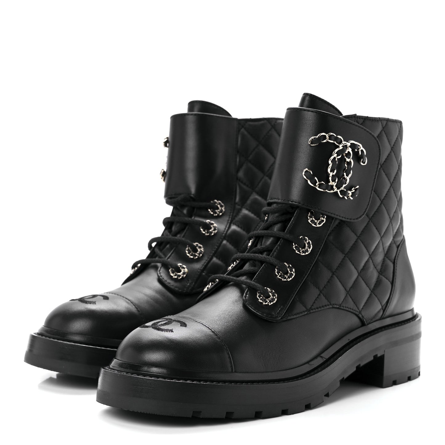 Shiny Lambskin Quilted Lace Up Combat Boots 39 Black