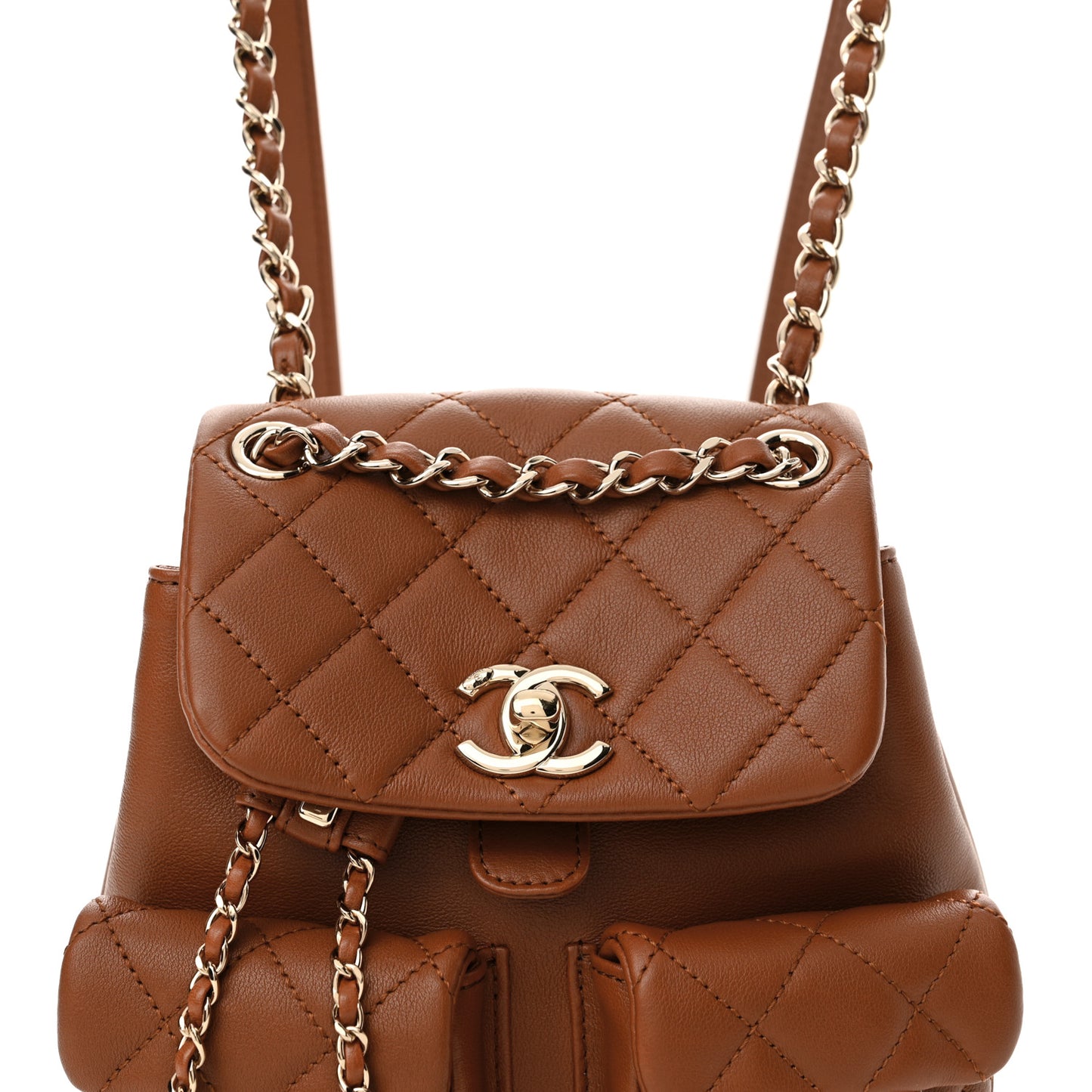 Calfskin Quilted Small Duma Pockets Drawstring Backpack Light Brown