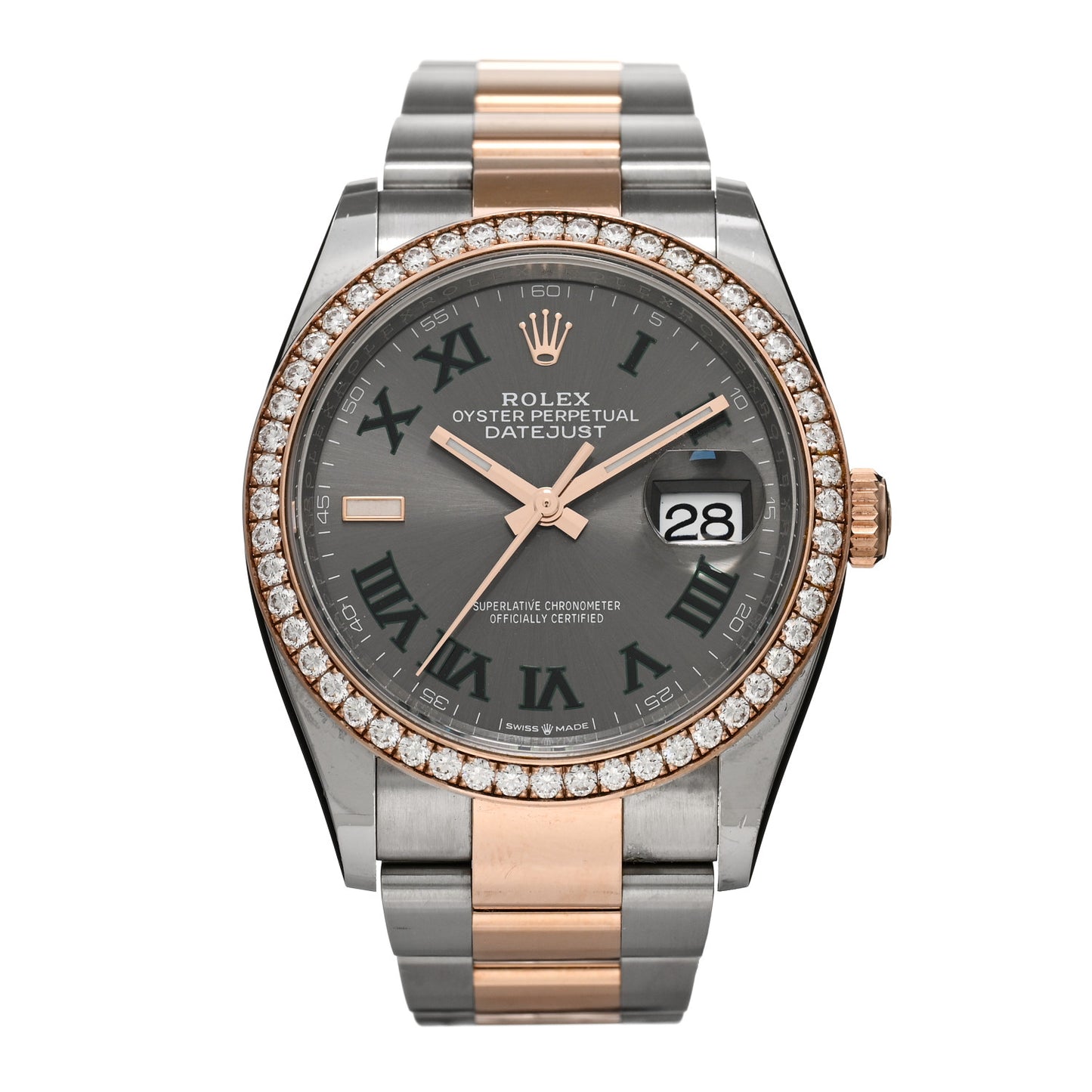 Stainless Steel 18K Everose Gold Diamond Bezel 36mm Oyster Perpetual Wimbledon Datejust Watch Slate 126281RBR