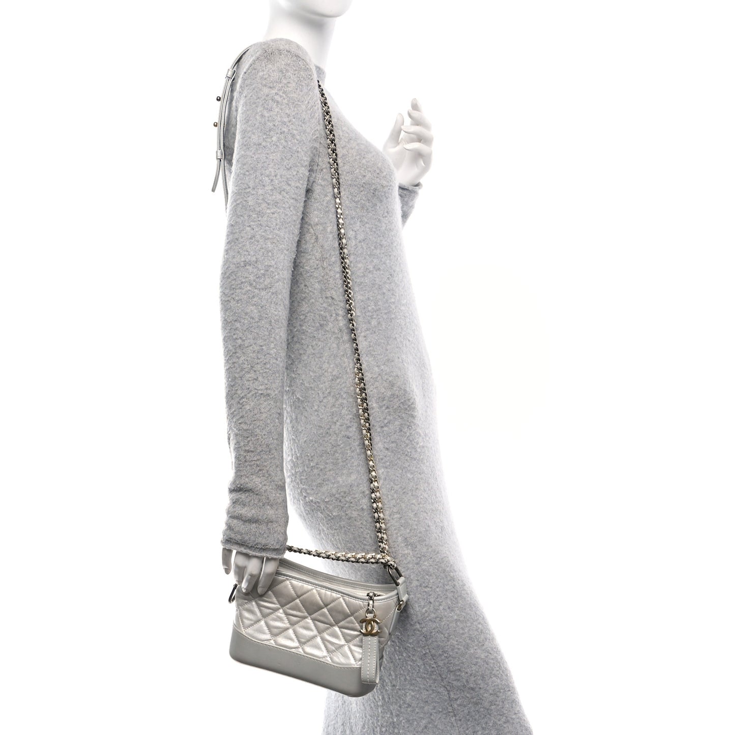 Metallic Aged Calfskin Quilted Small Gabrielle Hobo Silver
