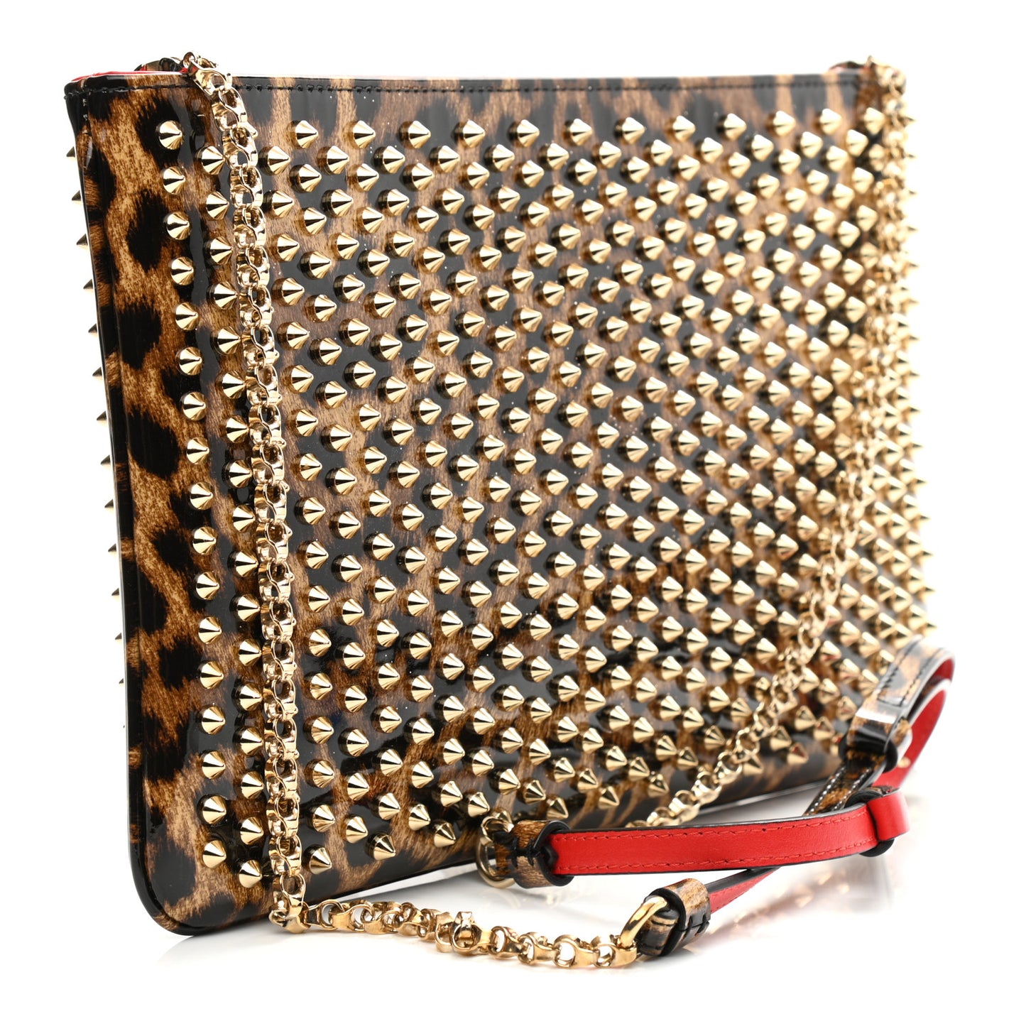 Patent Leopard Print Loubiposh Spiked Crossbody Clutch