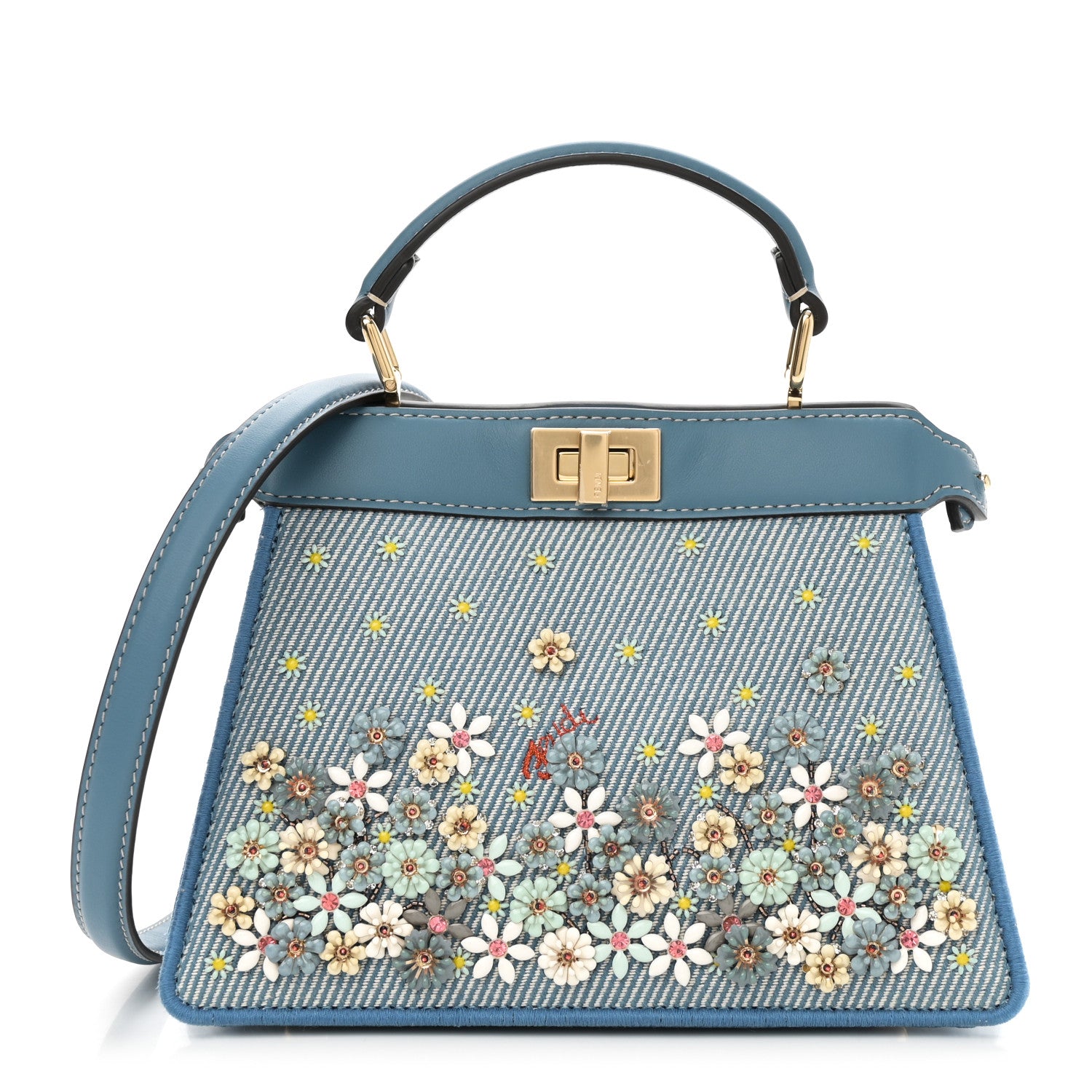 Fendi Denim Nappa Floral Embroidered Petite Peekaboo I SEE U Satchel Blue 1 of 9