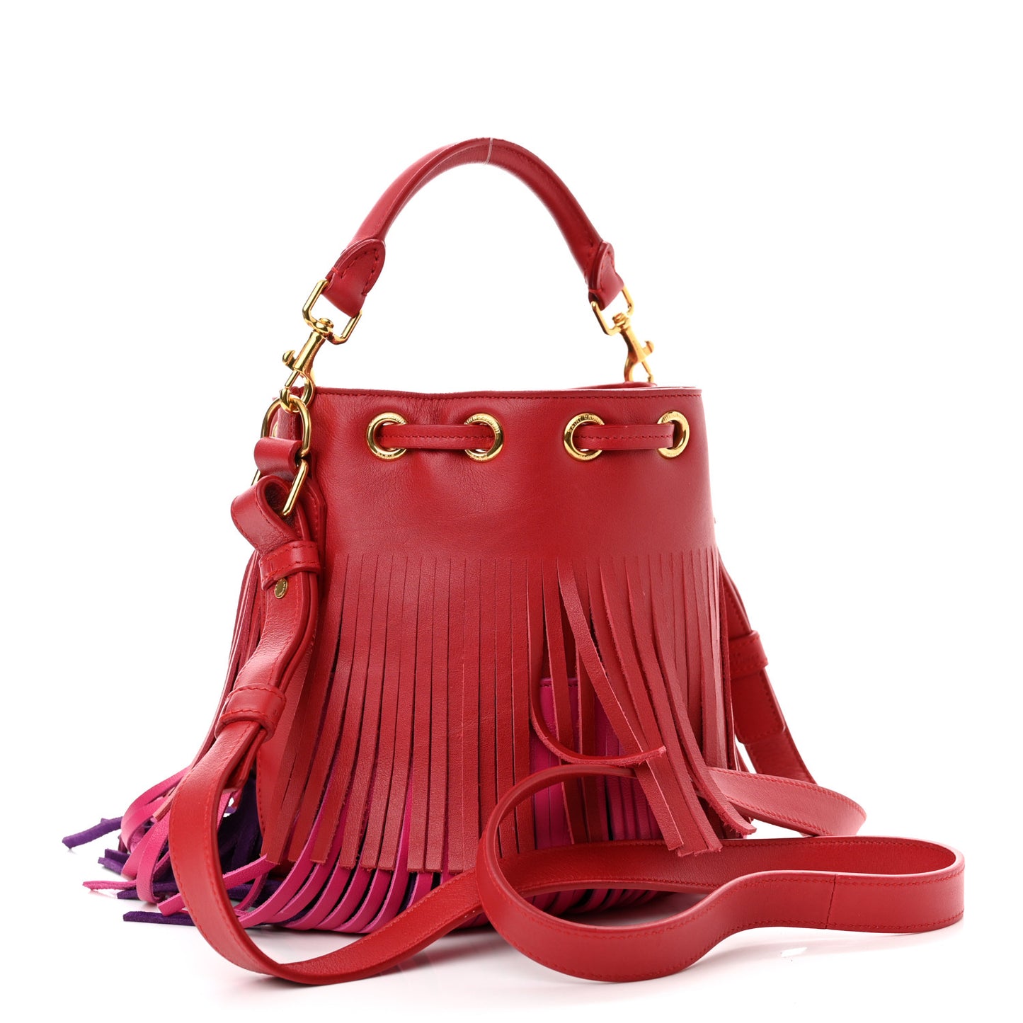 Calfskin Tri-Color Small Emmanuelle Fringe Bucket Bag Red Bubblegum Purple