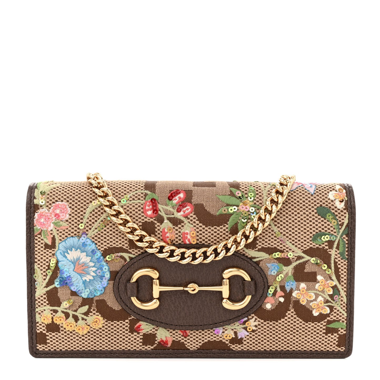 Monogram Jumbo GG Textured Dollar Calfskin Embroidered Horsebit 1955 Wallet On Chain Camel Ebony New Acero Multicolor